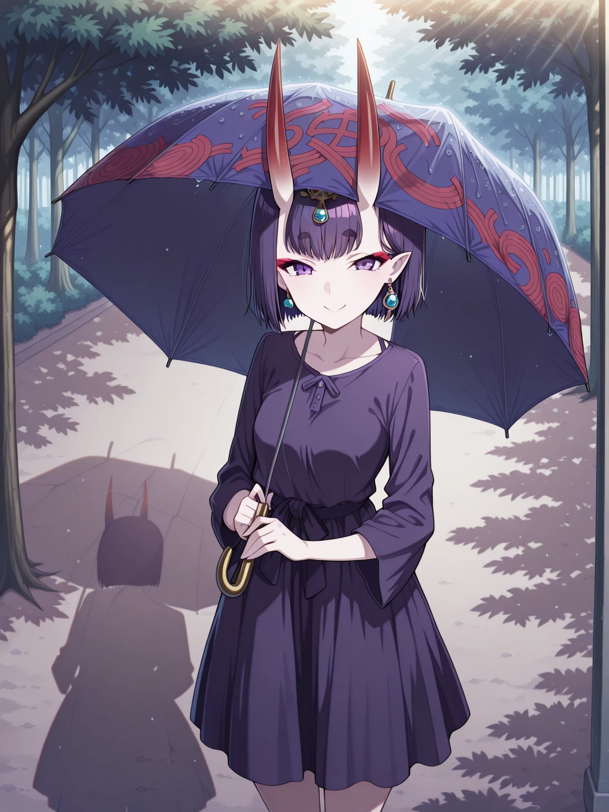 masterpiece, best quality, amazing quality,, <lora:shuten-douji-illustriousxl-lora-nochekaiser:1>, shuten douji, shuten douji (fate), purple eyes, earrings, eyeshadow, horns, makeup, oni horns, purple hair, red eyeshadow, short eyebrows, short hair, single earring, pointy ears, bob cut, eyeliner, red eyeliner, skin-covered horns, mature female, small breasts, <lora:getsuyoubi-no-tawawa-385-illustriousxl-lora-nochekaiser:1>, getsuyoubinotawawa 385, looking at viewer, smile, holding, standing, outdoors, solo, umbrella, holding umbrella, sunlight, shadow, tree, tree shadow, , ,