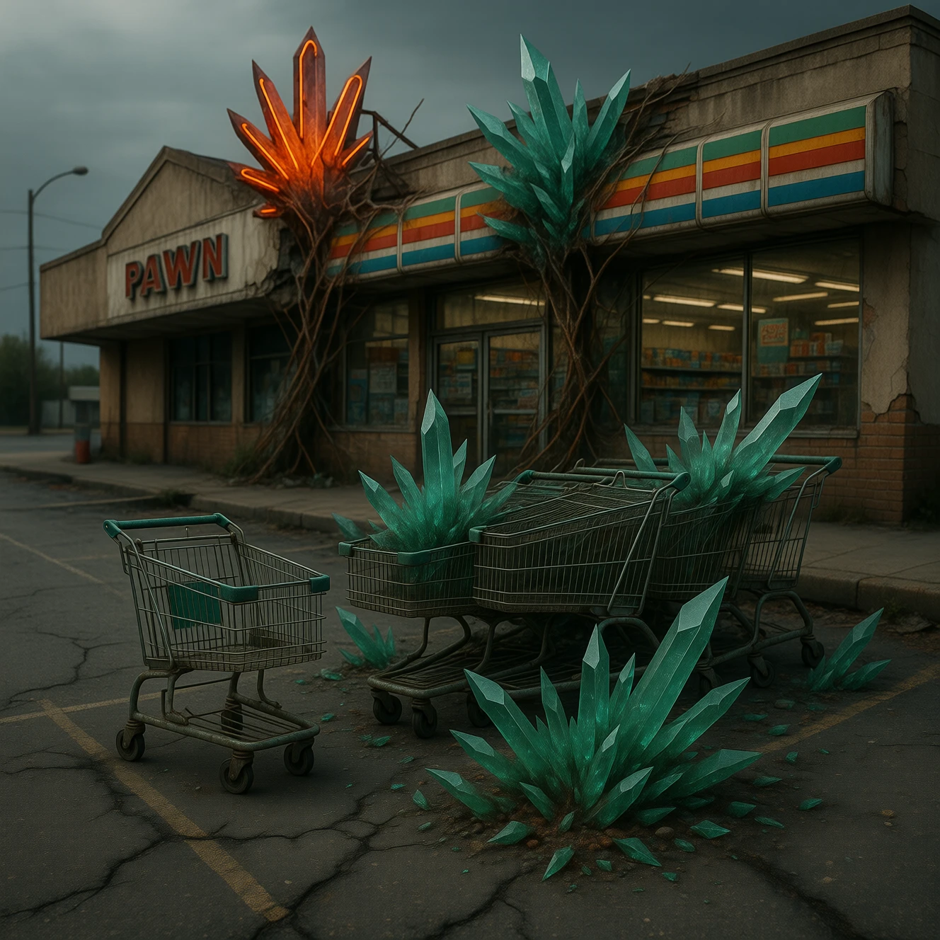 1970s strip mall with cracked asphalt lot, pawn shop and convenience store facades collapsing, neon signs tangled in crystalline webs, abandoned shopping carts intact amid spreading COLOR CrystalPl4gu3 shards.