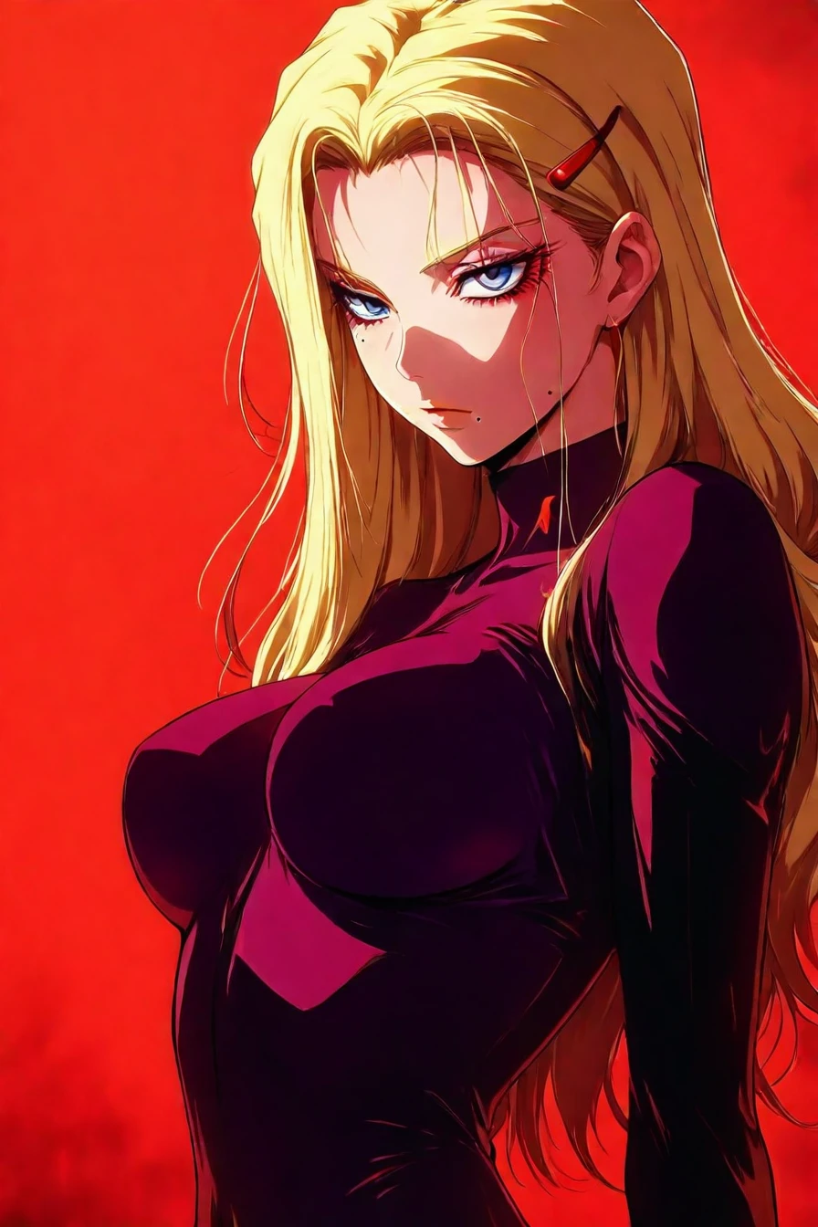 fuurinji miu, blonde hair, long hair, blue eyes, mole under right eyes, slim waist, large breast, pink jacket, purple bodysuit, hairclip, 1girl, solo, alone,<lora:red_aesthetic_anime_illustriousXL:1>, red_aesthetic_anime, red theme, masterpiece, highres