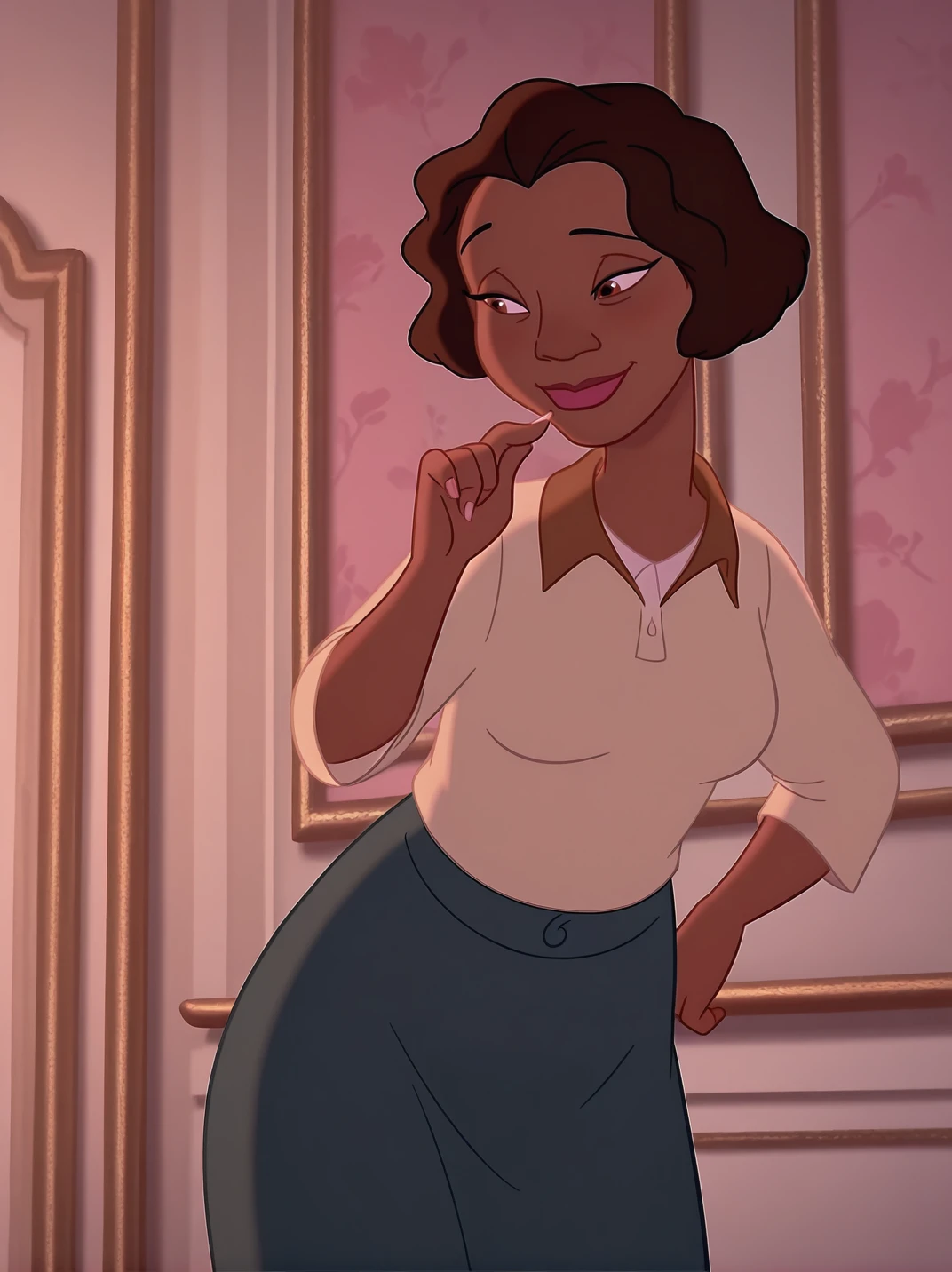 (official style, screencap:1.2), highres,
1girl, (EudoraXL:1.1), dark-skinned female, short hair, brown eyes, brown hair, shirt, long skirt, medium breasts, hips, mature female, 
light smile, dutch angle, naughty pose, looking at viewer, solo, dynamic pose, cowboy shot, head tilt, sexually suggestive, indoors, (on finger on lips:1.2), head tilt,, white light, one hand on hips,
 <lora:AEudora_character:1>