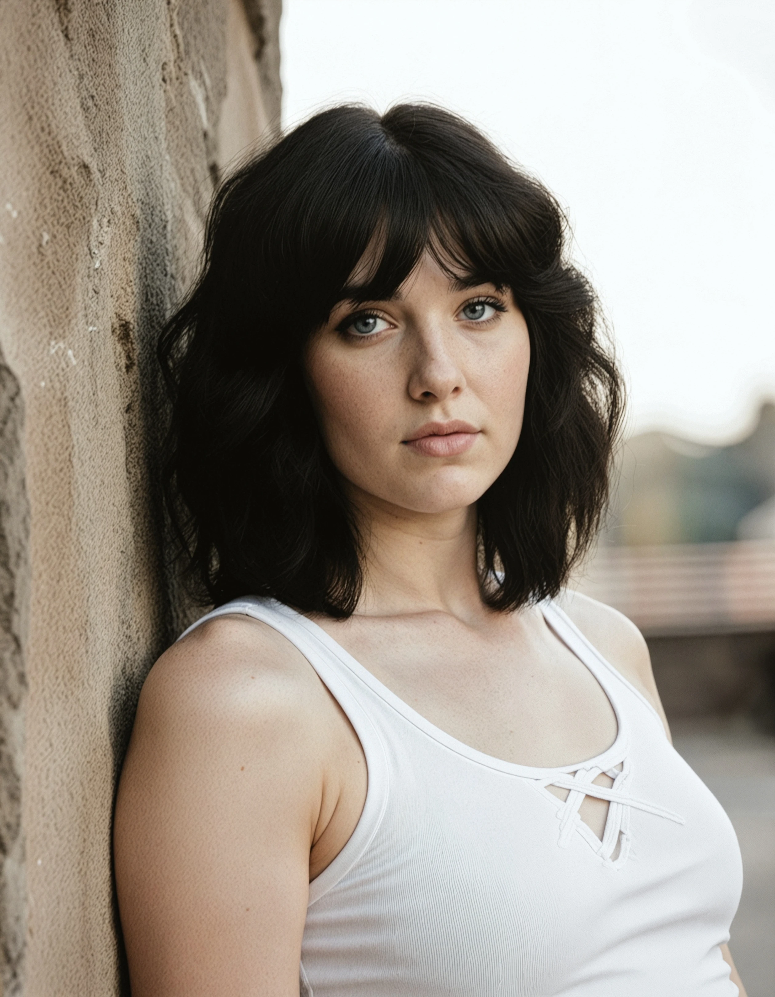 Digital close up photo of a beautiful 25 years woman, black hair, blue eyes, <lora:Rhona_Flux:1.0> clear focus, high resolution image, <lora:Pandora-RAWr:0.7>,beautiful woman age 25, The image is a portrait of a woman leaning against a stone wall. She is wearing a white tank top with a criss-cross design on the front. Her hair is styled in loose waves and she is looking directly at the camera with a serious expression. The background is blurred, but it appears to be an outdoor setting with natural light coming in from the window. The overall mood of the image is sensual and intimate., (Soft Mullet with Choppy Micro Bangs hairstyle:1.6) ,