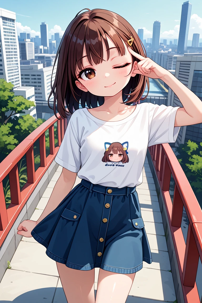 masterpiece, best quality, amazing quality, very aesthetic, absurdres,
cute round face, slender, detailed eyes, detailed hair, kawaii,
1girl, solo, (mature:0.5),
dynamic angle, ,
best shadow, an extremely delicate and beautiful, gleaming skin, cowboy shot,
on bridge, cityscape, standing, model pose, smile,
street fasion, casual fashion, harajuku fashion, wearing skirt,
(brown hair, brown eyes:1.2),
one eye closed, wink
<lora:wink2_left_xl_v20:1:stop=25>