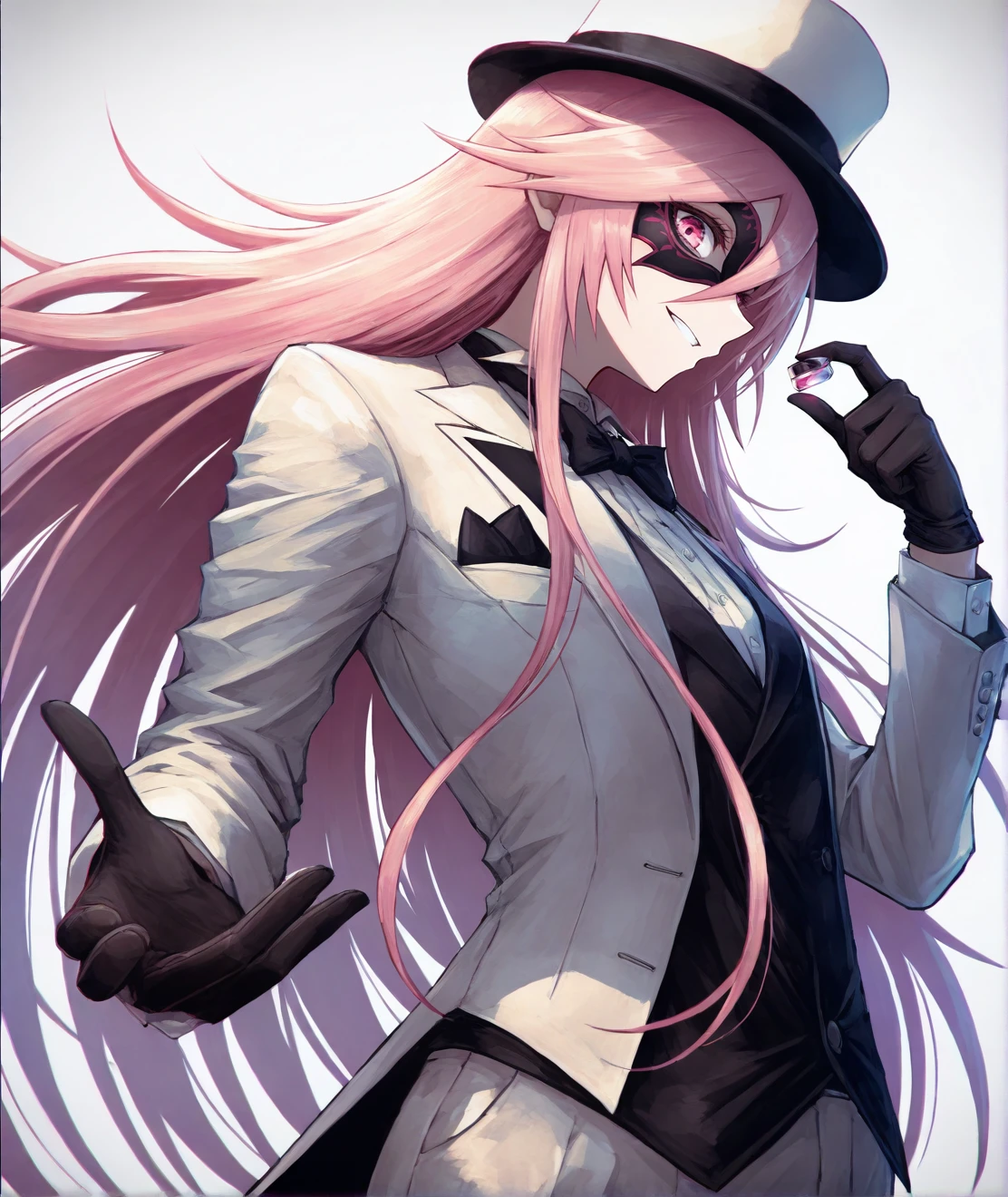 <lora:KSWB3:1>,kswb,digital oil painting,visible brushstrokes,masterpiece,best quality,solo,long hair,small_breasts,pink hair,pink eyes,looking_at_viewer,smile,tuxedo,head_down,gloves,half_mask,(hat_tip:1.3),grey_background,upper_body,profile,standing,white_shirt,<lora:darkness_xl_v20:0.7>,lazypos,from_below,close-up,from_side,