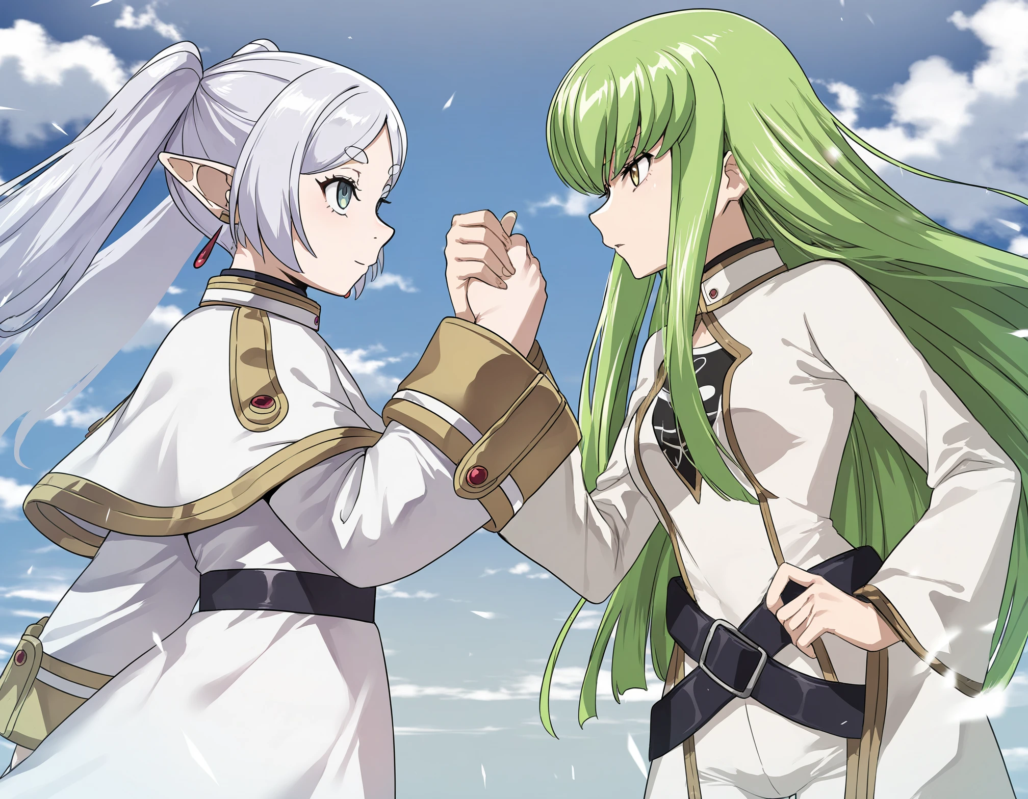 masterpiece, best quality, highres, absurdres, very awa, upper body, epic handshake \(meme\), <lora:wa_noob_12_2:1>, <lora:Epic handshake meme Noobai V-pred_1:1>, looking at another, eye contact, from side, emphasis lines, outdoors, day, blue sky, cloud, cowboy shot, 5 fingers, 2girls, wind, three quarter view, breasts,
frieren, sousou no frieren, green eyes, long hair, white hair, grey hair, twintails, parted bangs, long sleeves, earrings, elf,
c.c., yellow eyes, green hair, very long hair, medium breasts, white robe, white clothes, white shirt, white pants, wide sleeves, multiple belts, white bodysuit, high collarâââ