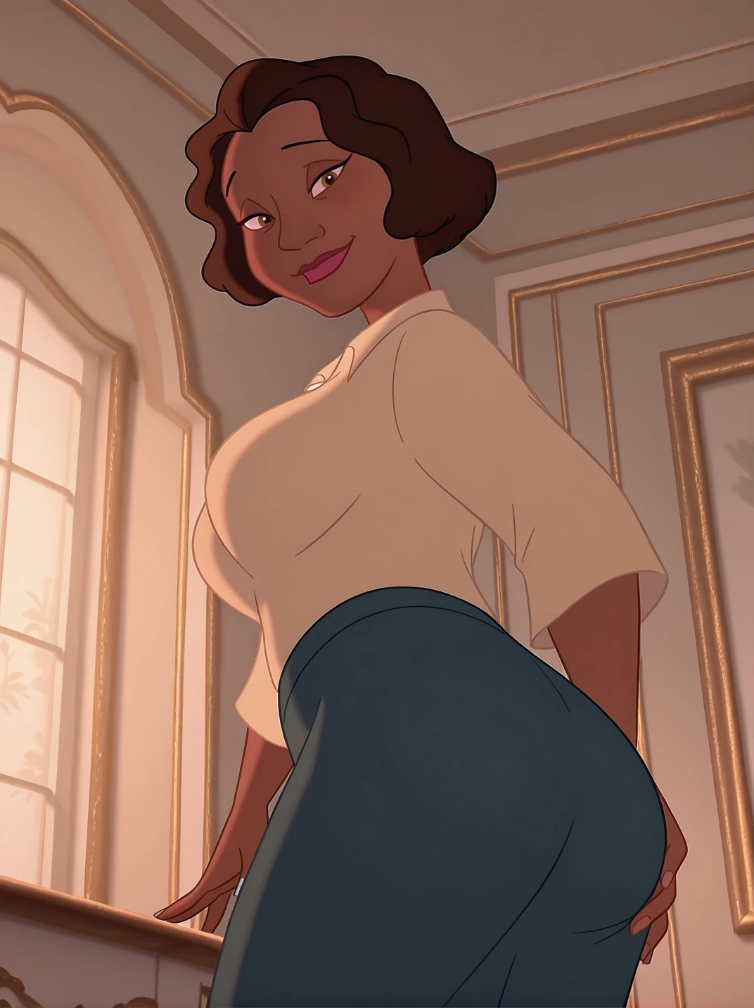 (official style, screencap:1.2), highres,
1girl, (EudoraXL:1.1), dark-skinned female, short hair, brown eyes, brown hair, shirt, long skirt, large breasts, hips, mature female,
light smile, dutch angle, naughty pose, (looking at viewer:1.2), solo, dynamic pose, cowboy shot, head tilt, sexually suggestive, indoors, window, grabbing own ass, squeezing ass, from below, from behind, ass focus, round perfect ass, head tilt, 
<lora:AEudora_character:1>, white light