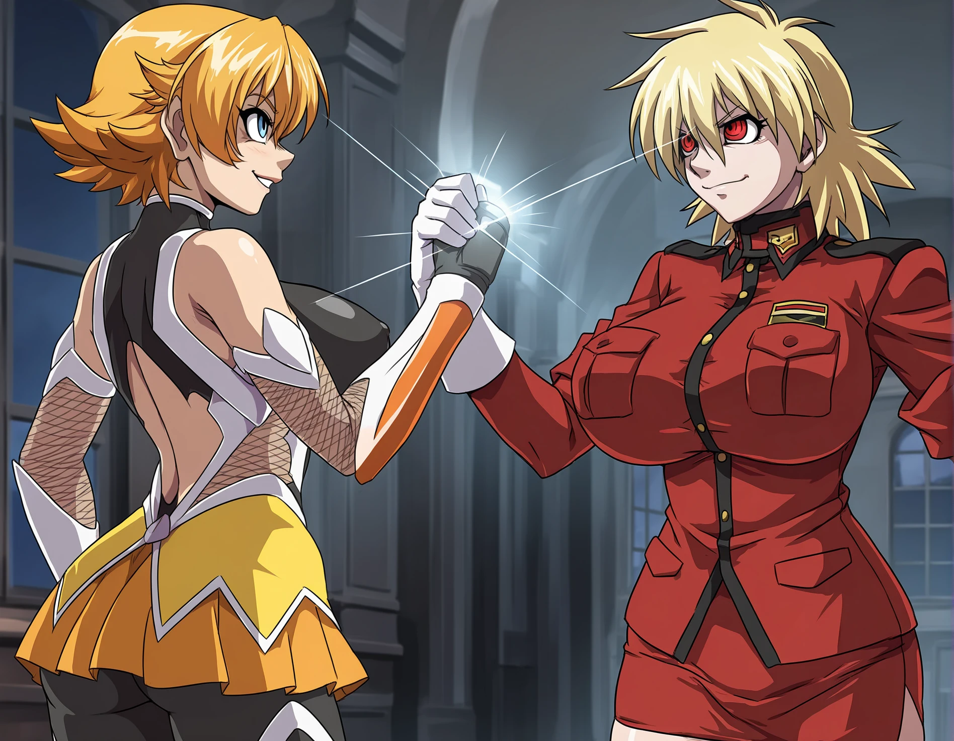 masterpiece, best quality, highres, absurdres, very awa, upper body, epic handshake \(meme\), <lora:Epic handshake meme Noobai V-pred_1:1>, 2girls,looking at another, eye contact, from side, emphasis lines, happy, smile, mansion, window, night, cowboy shot, 5 fingers,
seras victoria, hellsing, red eyes, blue eyes, blonde hair, short hair, large breasts, uniform, vampire, miniskirt, military uniform, huge breasts, taut skirt, skindentation,
Igawa Sakura, orange hair, short hair, flipped hair, blue eyes, black leotard, highleg leotard, elbow gloves, fishnets, showgirl skirt, thigh boots, orange microskirt, fishnets, <lora:Igawa Sakura3216NoobAIVpred10MinSnr:1>âââ