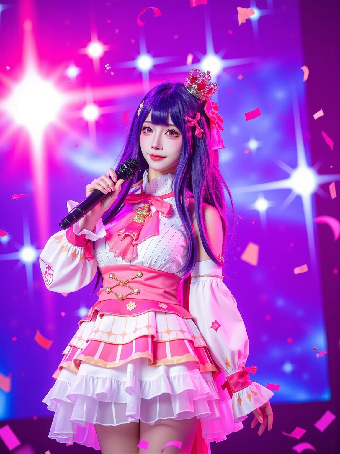 A realistic photo in cowboy shot of a slender beautiful young woman in cyb-hoshinoai cosplay costume. She has purple hair with mini crown and hair bow. She is holding a microphone.
The sence is a grand concert stage illuminated by vibrant spotlights in pink, purple, and blue, with a massive LED screen displaying shimmering star patterns. Glittering confetti falls through the air, creating a dazzling and electrifying atmosphere.
The photo is in cowboy shot and with intricate details scene.