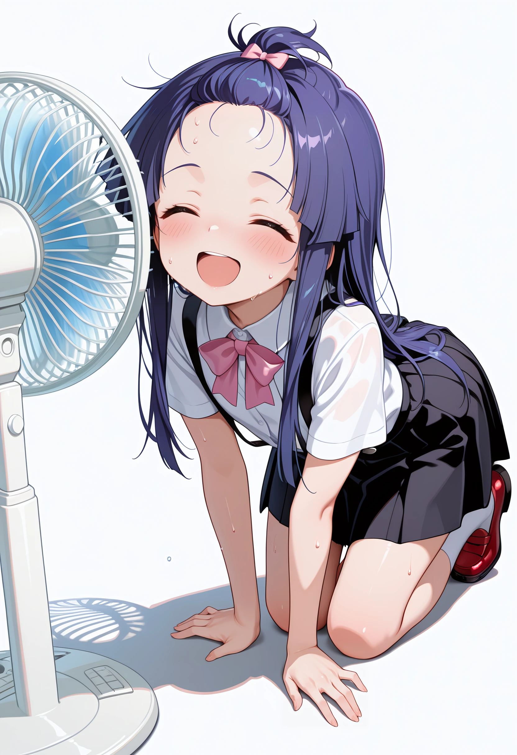 masterpiece, best quality, amazing quality, very aesthetic, high resolution, ultra-detailed, absurdres,
electric fan, furude rika, 1girl, all fours, black skirt, blue hair, blush, bow, bowtie, closed eyes, forehead, full body, kneeling, long hair, open mouth, pink bow, pleated skirt, purple hair, red footwear, school uniform, shirt, shoes, short sleeves, simple background, skirt, smile, socks, solo, suspender skirt, suspenders, sweat, white background, white shirt, white socks
,