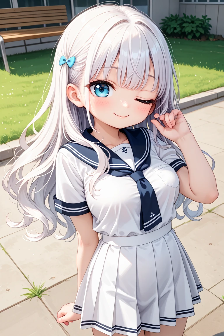 masterpiece, best quality, amazing quality, very aesthetic, absurdres,
cute round face, slender, detailed eyes, detailed hair, kawaii,
1girl, solo,
cowboy shot, shooting from front,
smile, closed mouth, looking at viewer,
long wavy hair, white hair,
white school uniform, medium breasts,
school ground, school, grass,
one eye closed, wink,
<lora:wink2_left_xl_v20:1:stop=20>