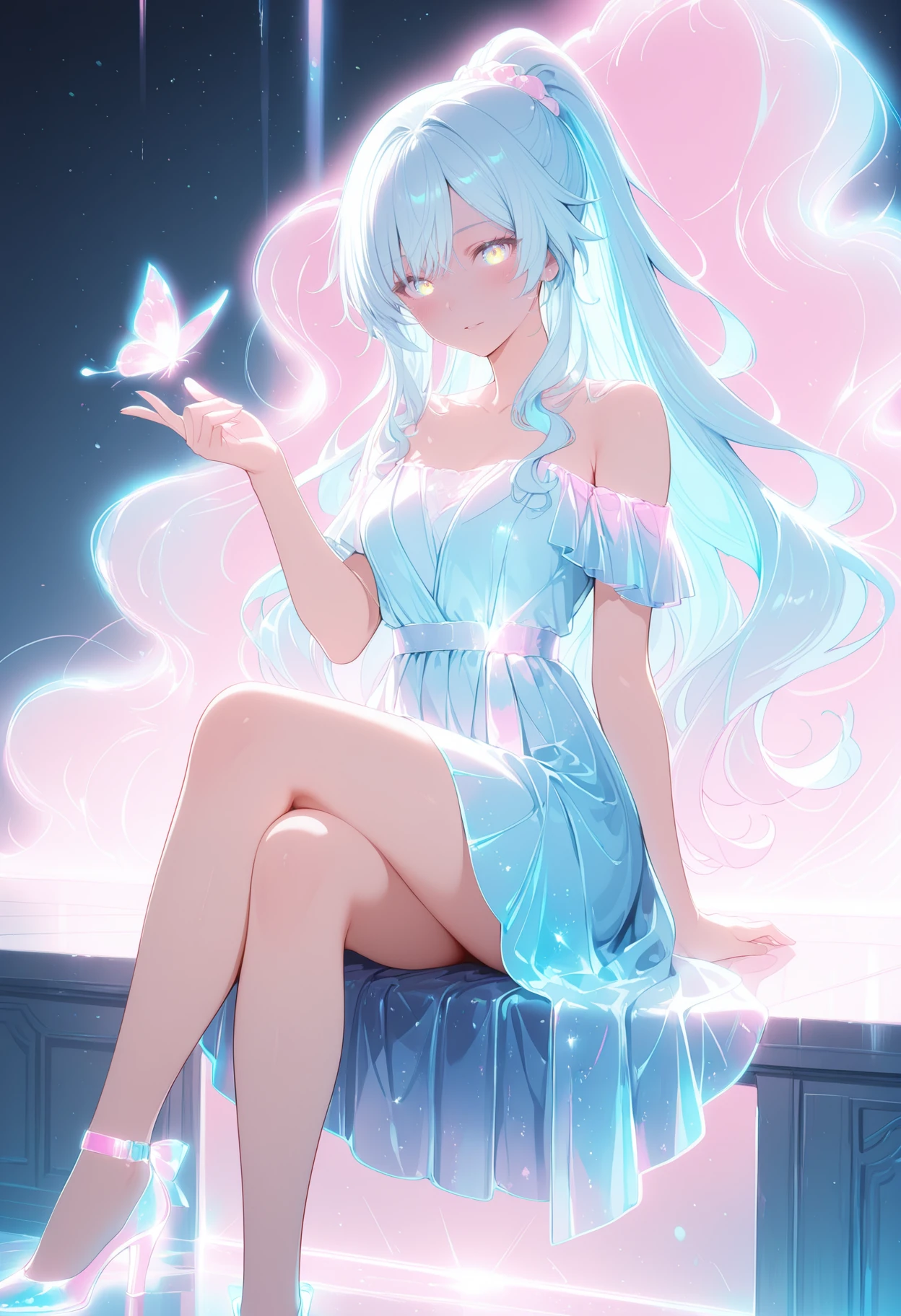 (masterpiece, best quality, ultra detailed)
(masterpiece:1.2), best quality, ultra-detailed, highres,
1girl, solo, seated, sitting, elegant pose, (3/4 view), looking at butterfly, raised hand,
long wavy hair, light blue hair, icy blue hair, very long hair, high ponytail, voluminous curls, hair scrunchie, side bangs,
golden eyes, soft blush, delicate face,
off-shoulder dress, shimmering dress, glitter fabric, starry pattern, ruffles, frills, pleated skirt, cinched waist, sweetheart neckline, blue dress, evening gown,
 shoulders, collarbone,
long legs, thighs, crossed legs,
ankle strap high heels, transparent heels, glossy shoes,
glowing butterfly, small spirit, particles, sparkles, stardust, glitter, soft glow,
night, dark background, bokeh, cool color palette, blue color scheme, rim light, soft lighting, reflective floor, magical atmosphere
 <lora:Crystal_Radiance:1>,CrystalRadiance,
(glowing hair, pastel colors, luminous, ethereal, holographic effect, light particles, soft lighting, neon glow, blue and pink color scheme, fantasy aura, futuristic style, elegant, dreamy atmosphere)