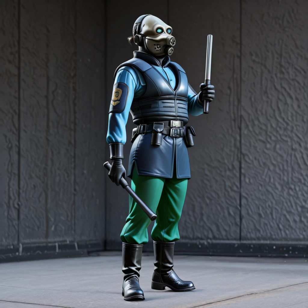 hl2cop, police-vest, belt, uniform, gas mask, leather boots, green pants, holding baton, solo, male, realistic