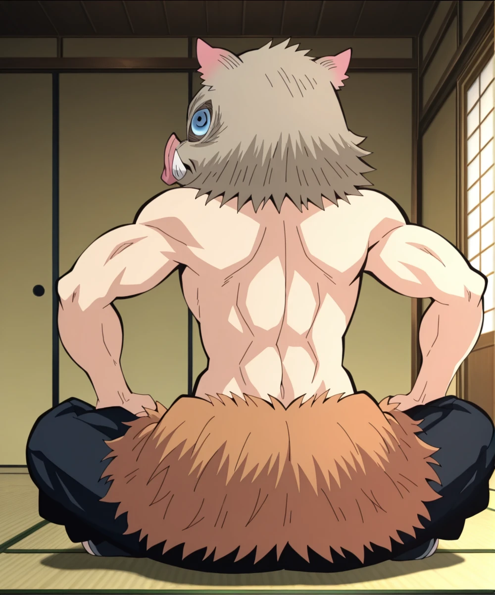 1nosuke, boar mask, mask, blue eyes, straw skirt, cell, anime screencap, anime coloring, 1boy, male focus, solo, tatami, topless male, abs, blue eyes, muscular, tusks, indoors, black trousers, black legwear, toeless legwear, zouri, indian style, sitting, from behind, back, 
 <lora:inosuke:1>