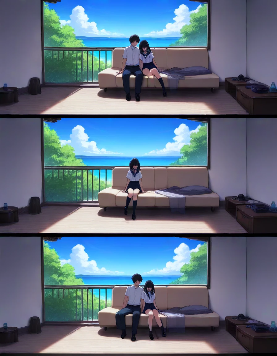 masterpiece, best_quality, very_aesthetic, highres, absurdres, ultra detailed,
<lora:neg_3-3_V02:0.4>
<lora:fixed-point_camera_IL:1.5>
, fpcfpc, fixed-point camera, comic, 2koma, 1girl, 1boy, hetero, day,night