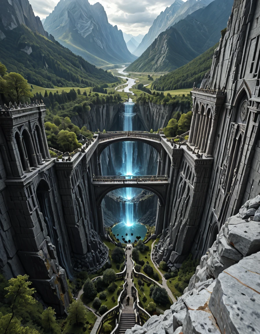 <lora:MW_Dwarven_beta_pony:1> dwarven empire, carved mountains, glowing runes, many endless stairways, majestic underground kingdom, brutal architecture, dark marble pilars, dark marble bridges, aerial view, epic underground landscape, vegetation, vast lake, waterfall