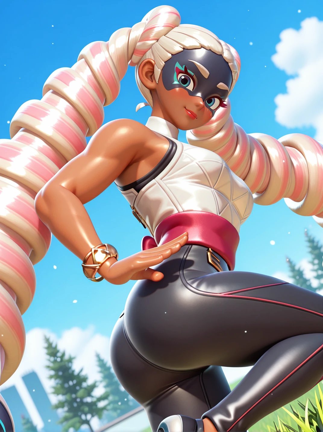 (official style, screencap:1.2), 3d,
1girl, (TwintelleXL:1), (shirt, black pants, sleeveless, bracelet, jewelry, red sash:1.2), (blue eyes, dark-skinned female, long hair, twin drills, mask, drill hair, very long hair, multicolored hair, pink hair, blonde hair, lipstick:1),, skindentation, blush, curvy, hips, medium breasts, 
smile, dutch angle, naughty pose, (looking at viewer), solo, dynamic pose, cowboy shot, head tilt, sexually suggestive, outdoors, (fighting stance:1.2), one leg up, ass, hands at side, head tilt, from side,,
 <lora:ATwintelle_character:1>