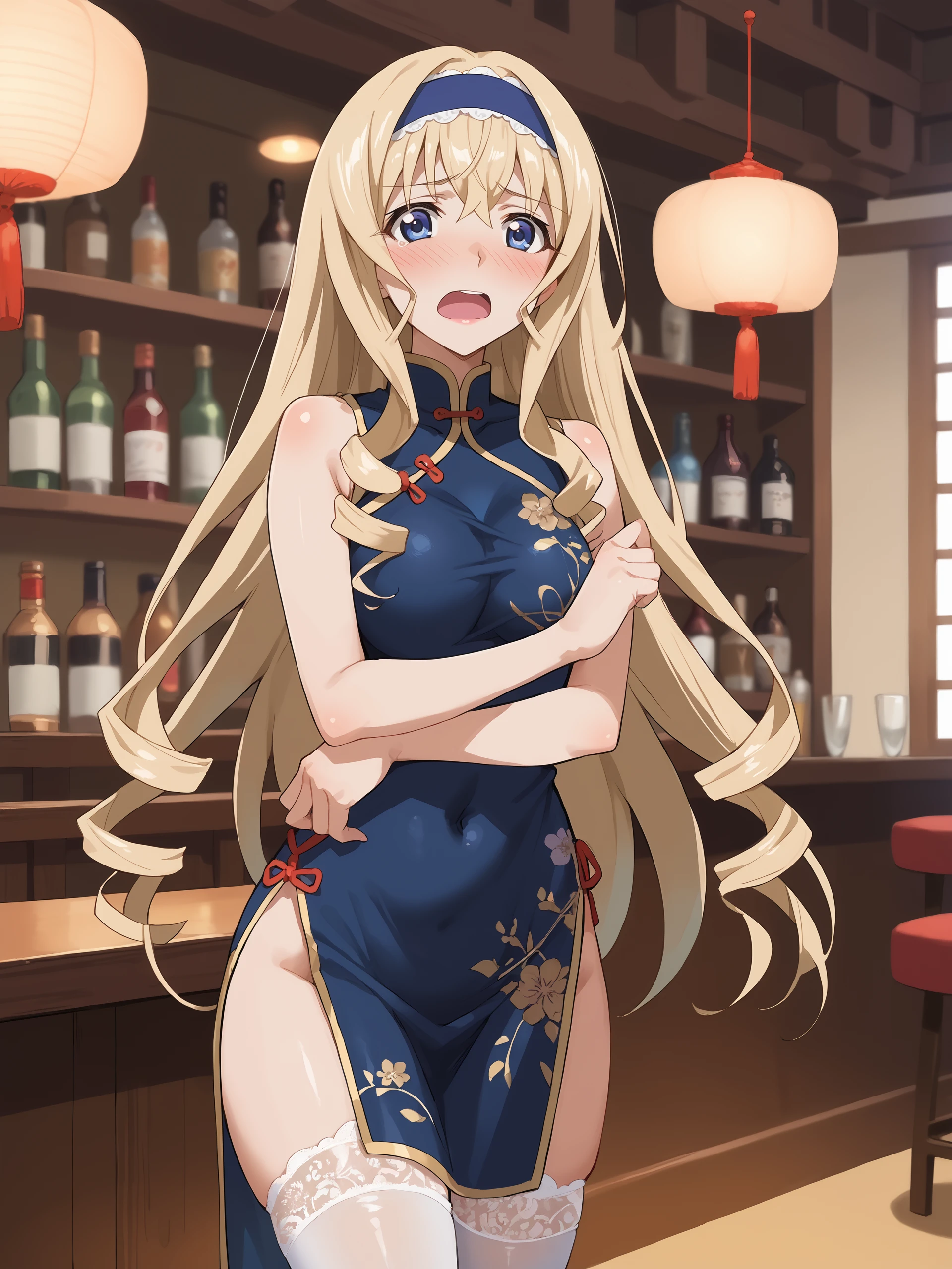 score_9, score_8_up, score_7_up, source_anime, ray tracing, best quality, anime screenshot, anime coloring, <lora:Char-IS-Cecilia-V1-Pony:0.9:hr=0.6>,  1girl, cecilia alcott, solo, china dress, highleg, lace-trimmed legwear, cowboy shot, bar \(place\), indoors, depth of field, embarrassed, open mouth, looking at viewer, blush