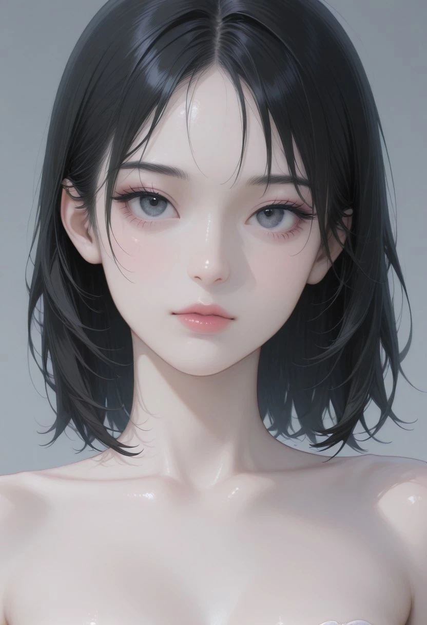 masterpiece, best quality, good quality, very aesthetic, absurdres, newest, 8K, realistic, 1girl, solo,tall,slender,pale skin,dark hair,medium hair,big eyes,small mouth,dark gray eyes,makeup,small breasts,portrait