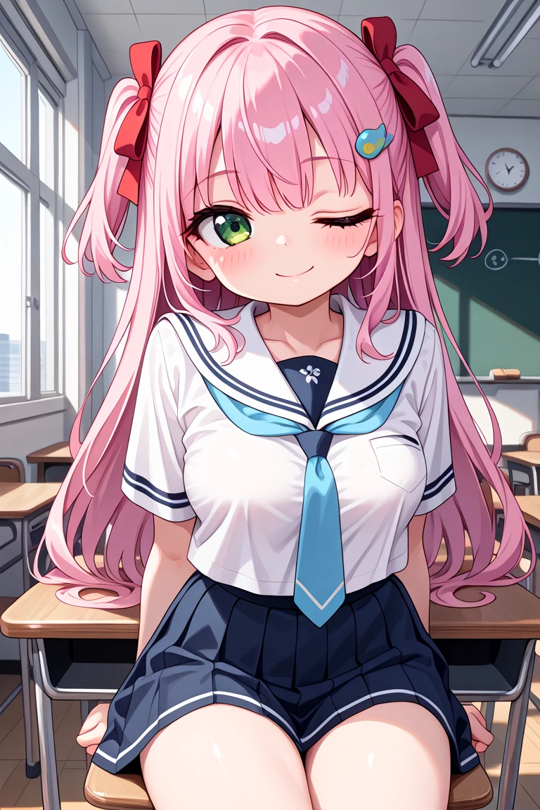 masterpiece, best quality, amazing quality, very aesthetic, absurdres,
cute round face, slender, ultra detailed eyes, ultra detailed hair, ultra beautiful,
1girl, solo, one eye closed, wink,
cowboy shot, from front, smile, closed mouth, looking at viewer,
red ribbon on hair, pink hair, green eyes, two side up, medium breasts,
sitting on chair behind table, in classroom, white sailor, blue tie on school uniform
<lora:wink2_left_xl_v20:1>