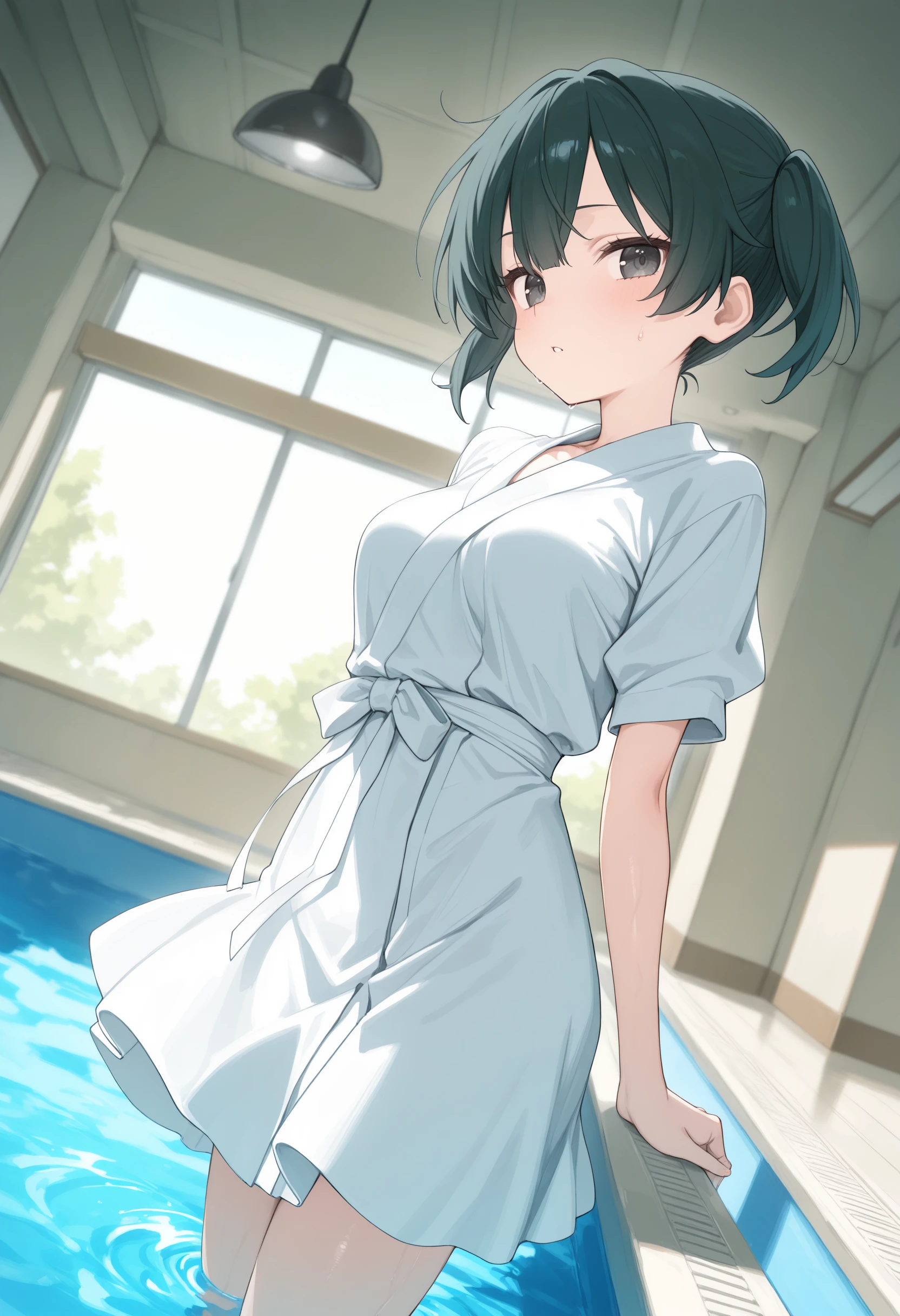 1girl,(sho \(sho lwlw\):0.7),(toosaka asagi:0.5),(sincos:0.3),solo,
masterpiece, best quality, newest, absurdres, CG, anime, source anime, illustration,
medium breasts,
shiroshouzoku, japanese clothes, short sleeves, white dress,
<lora:triangularheadpiece_Illust_v1:0.8>
dutch angle, fisheye lens, looking to the side, green hair, black eyes,thinking, indoor swimming pool, parted lips, short twintails hair,
