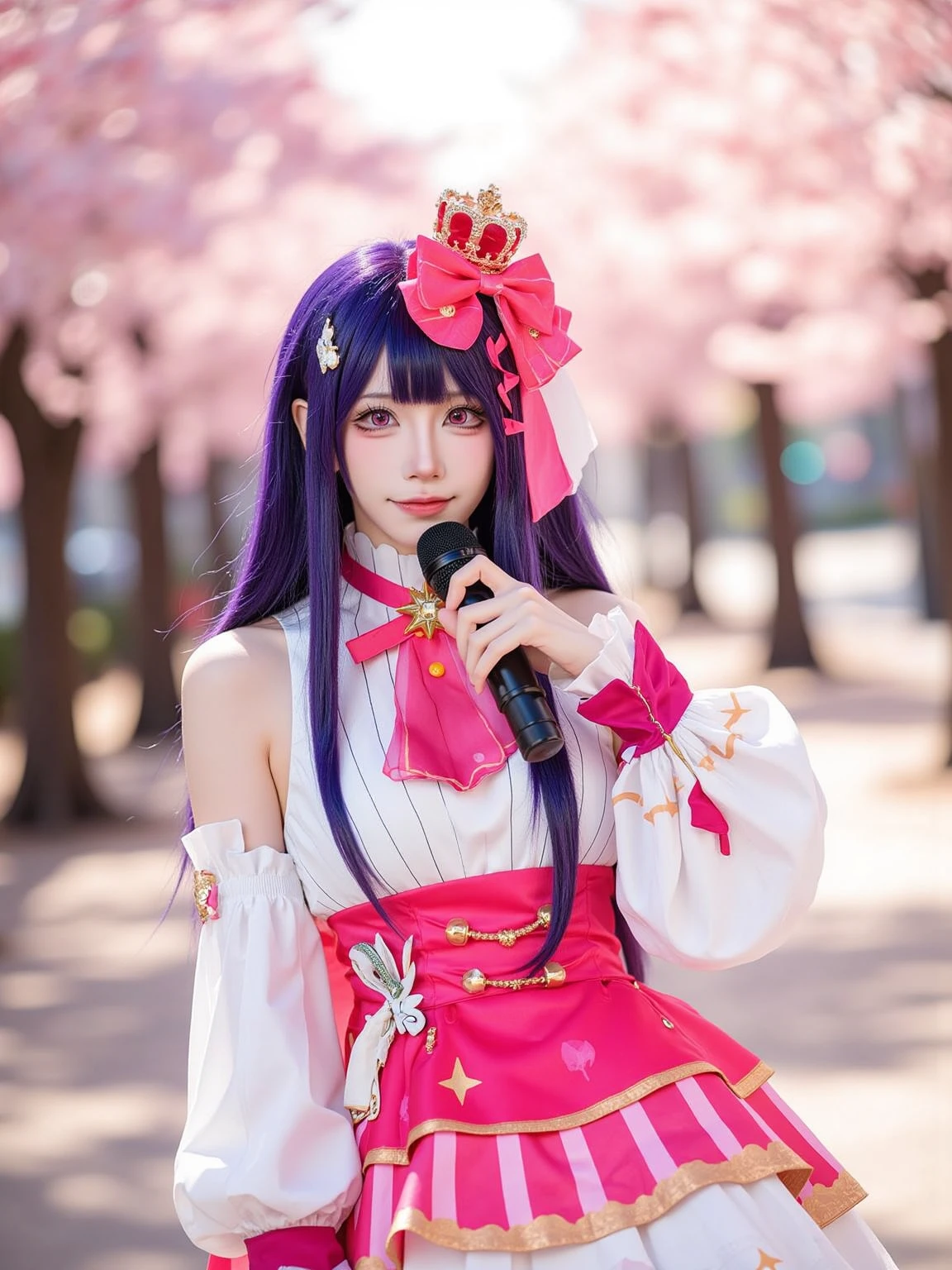 A realistic photo in cowboy shot of a slender beautiful young woman in cyb-hoshinoai cosplay costume. She has purple hair with mini crown and hair bow. She is holding a microphone.
The sence is a picturesque cherry blossom avenue at sunset. A faint breeze carries the scent of blooming flowers through the air.
The photo is in cowboy shot and with intricate details scene.