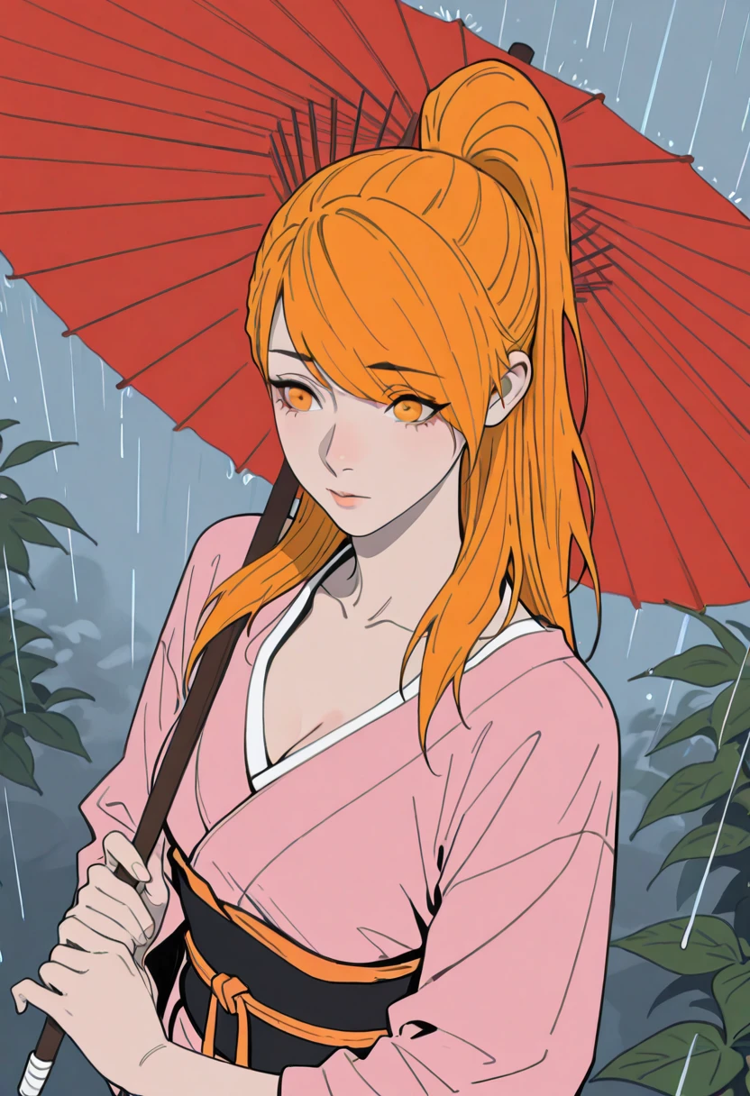 HDR, masterpiece, best quality, very aesthetic, (realistic:1.1), (flat color:1.5),
xiaoninger, 1girl, solo, orange eyes, long hair, orange hair, high ponytail, sidekicks, swept bangs, eyes visible through eyes,
pink kimono, cleavage, collarbone, sash, paper umbrella, raining, upper body,
detailed eyes, full body, standing