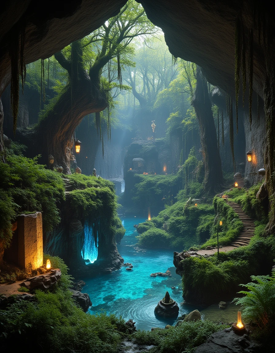 <lora:MW_Dwarven_betaflux:1> hidden underground valley, lush green moss and glowing mushrooms covering the cavern floor, clear streams running into a crystal-blue underground pond, dwarven terraces carved into the rock walls, glowing lanterns lighting cultivated fields, colossal roots of ancient trees piercing through the stone ceiling, dwarven farmers tending crops beneath towering statues, soft golden light glowing from enchanted crystals, tranquil and sacred atmosphere, epic cinematic perspective, fantastical dwarven underground paradise