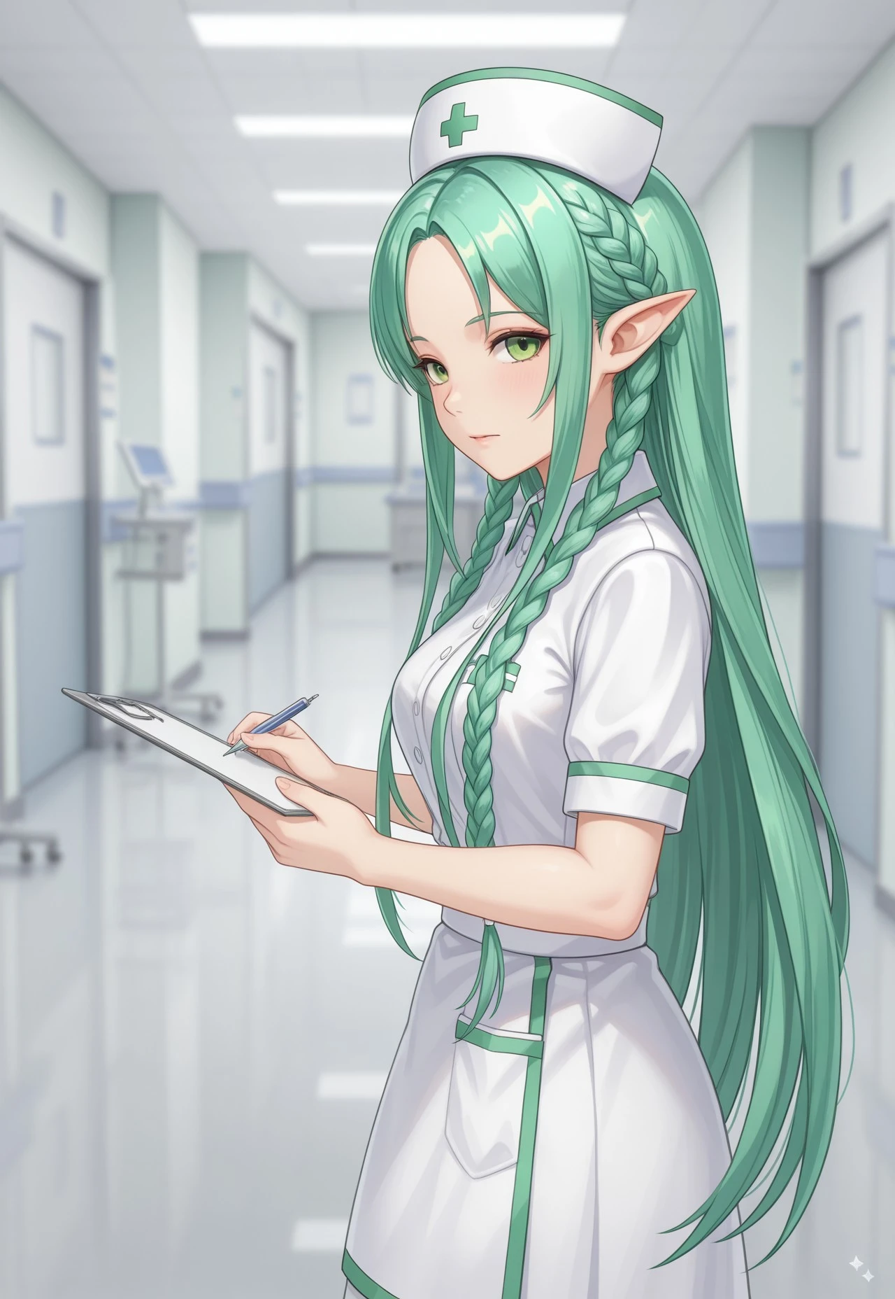 ultra detailed, masterpiece, high quality, 
, 
hospital
,
1girl, solo,
,
Turmalinamb2, braid, long hair, green hair, pointy ears, green eyes,
,
Nurse outfit, hat, nurse cap,
,

,

,
