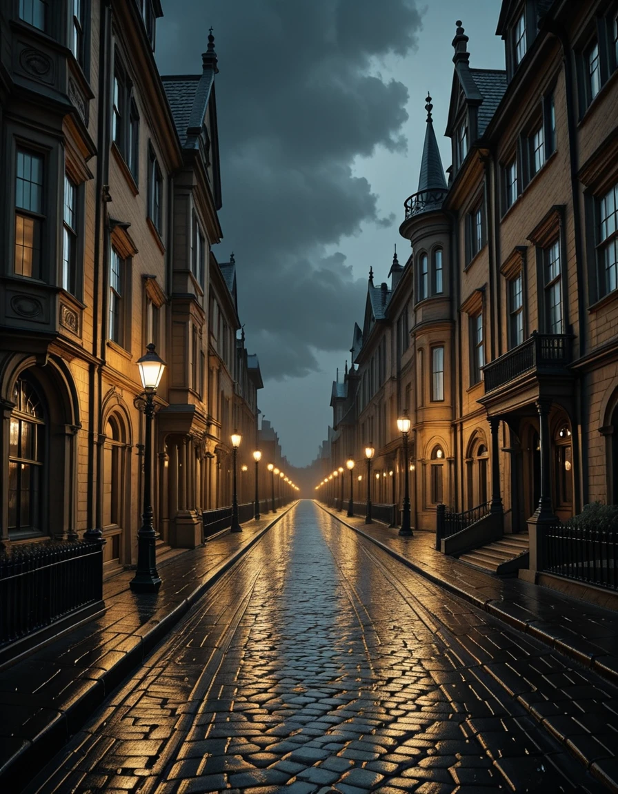 A mysterious and beautiful view of a fantastical Victorian street at night, its cobblestone pavement glistening wet after rain. Gas street lamps cast a soft golden glow along the road, while grand mansions and gothic-style houses line both sides of the street. Their tall windows shine with warm light against the darkness, creating a striking contrast. Above, the deep night sky stretches overhead, filled with drifting clouds that add to the moody, atmospheric scene. No people present.Victorian street 4t n1ght <lora:Victorian_street_4t_n1ght-i:1>, Masterpiece,best quality,hi res,8k,hi res,8k,award winning,(sharp focus, intricate, highly detailed),