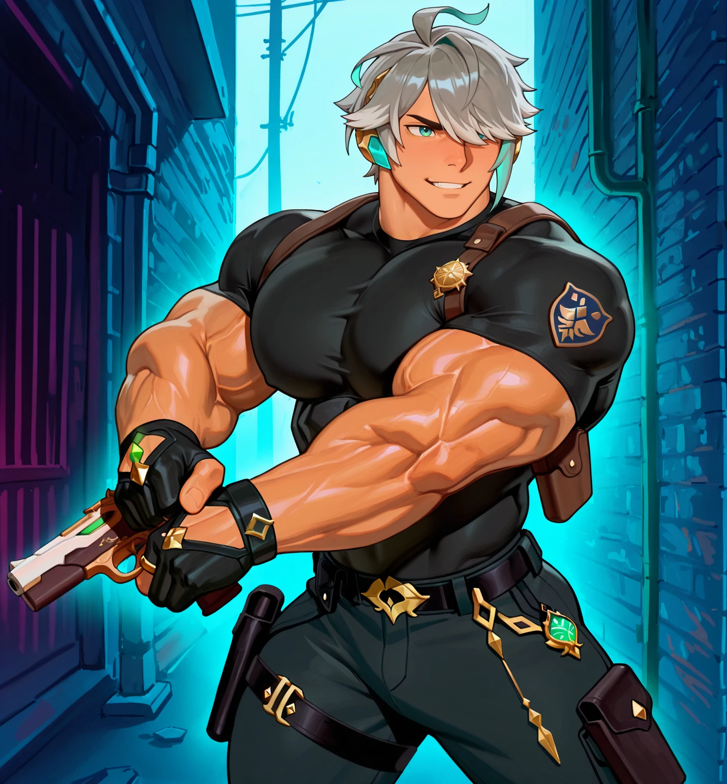 masterpiece, best quality, absurdres, newest, perfect quality, best quality, detailed background, intricate details, bara, (boy, male, male focus:1.5), (human:1.8), <lora:IL_BaraMerge_3:0.35>, <lora:NAI_Style_Yuatari:0.3>, <lora:NAI_Style_CheeseCrumbles:0.35> cheesecrumbles, (by cheesecrumbles:0.8), (by dizdoodz:0.4), tall, (young:0.5), (muscular, big muscles), (big pecs), alhaitham\(genshin_impact\), gray hair, hair over one eye, green eyes, tanned skin, tanned face, (muscular, big muscles), alternate costume, black lycra t-shirt, shoulder holster, black cargo pants, gun holster, small black finger less gloves, police badge, dynamic pose, preparing to fight, in a dark alley, frown, grin