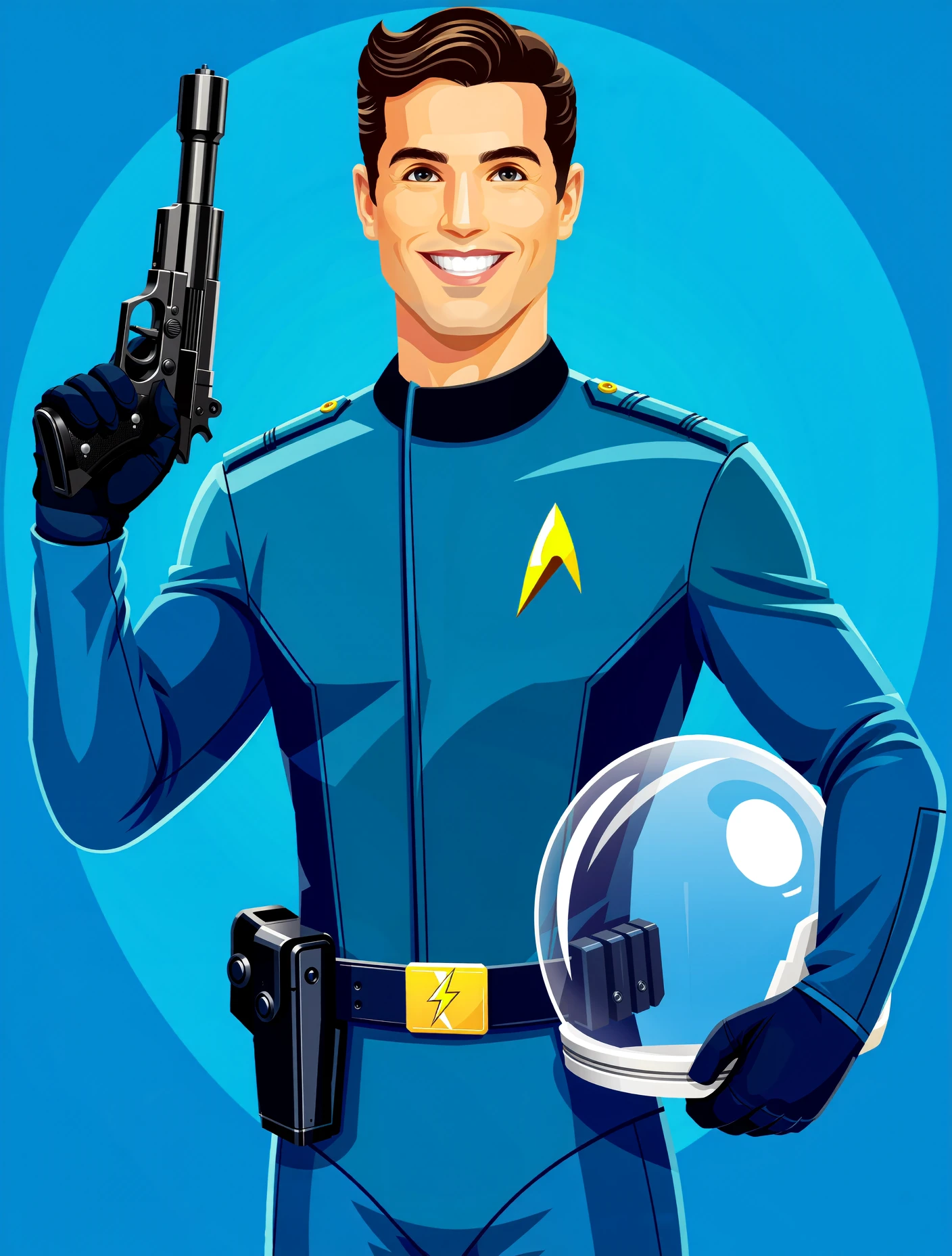 v3ct0r vector illustration A heroic male character with a confident smile and perfectly coiffed hair, embodying the classic space patrolman. He wears a tight-fitting, sky-blue uniform with a bright yellow lightning bolt insignia emblazoned across the chest. His uniform features a wide belt holding a sleek, ray-gun pistol in a polished holster, and he has a clear, bubble-shaped helmet tucked under one arm.