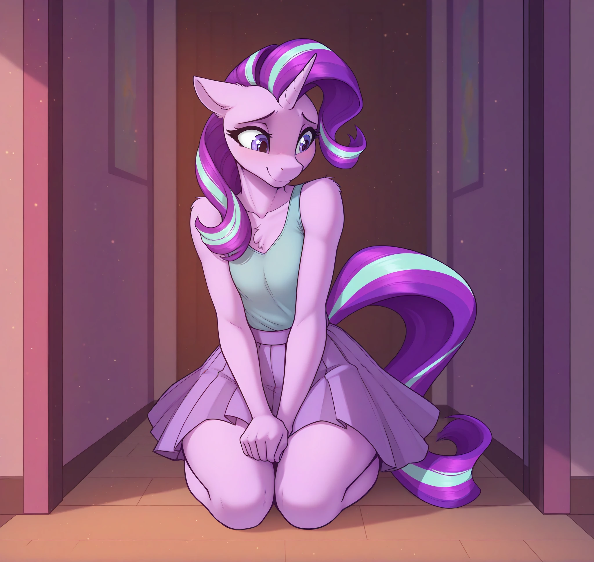 <lora:Phenya_Style_Illustrious:0.7> phenya, masterpiece, best quality, absurd res, hi res, my little pony, friendship is magic, anthro, unguligrade anthro, equid, equine, pony, solo, starlight glimmer \(mlp\), unicorn, purple eyes, anthro, unicorn, unguligrade anthro, furry female , BREAK detailed background, at cloudsdale, clothing, clothed, skirt, lonely, empty gaze, slouched shoulders, sad smile, full body