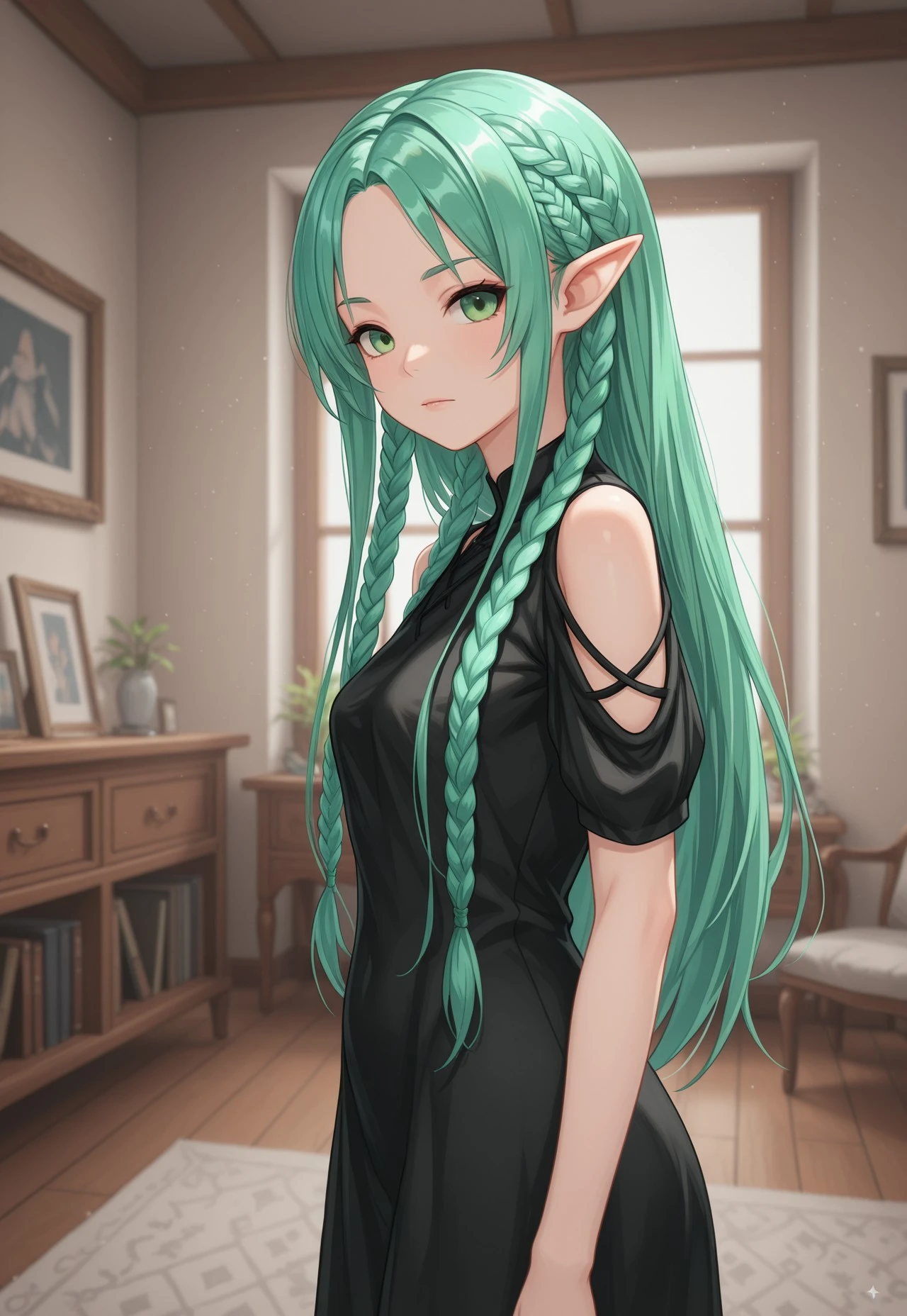 ultra detailed, masterpiece, high quality,
,
indoors, room, posing
,
1girl, solo,
,
Turmalinamb2, braid, long hair, green hair, pointy ears, green eyes,
,
Dress, black dress, shoulder cutout,
,
,
,