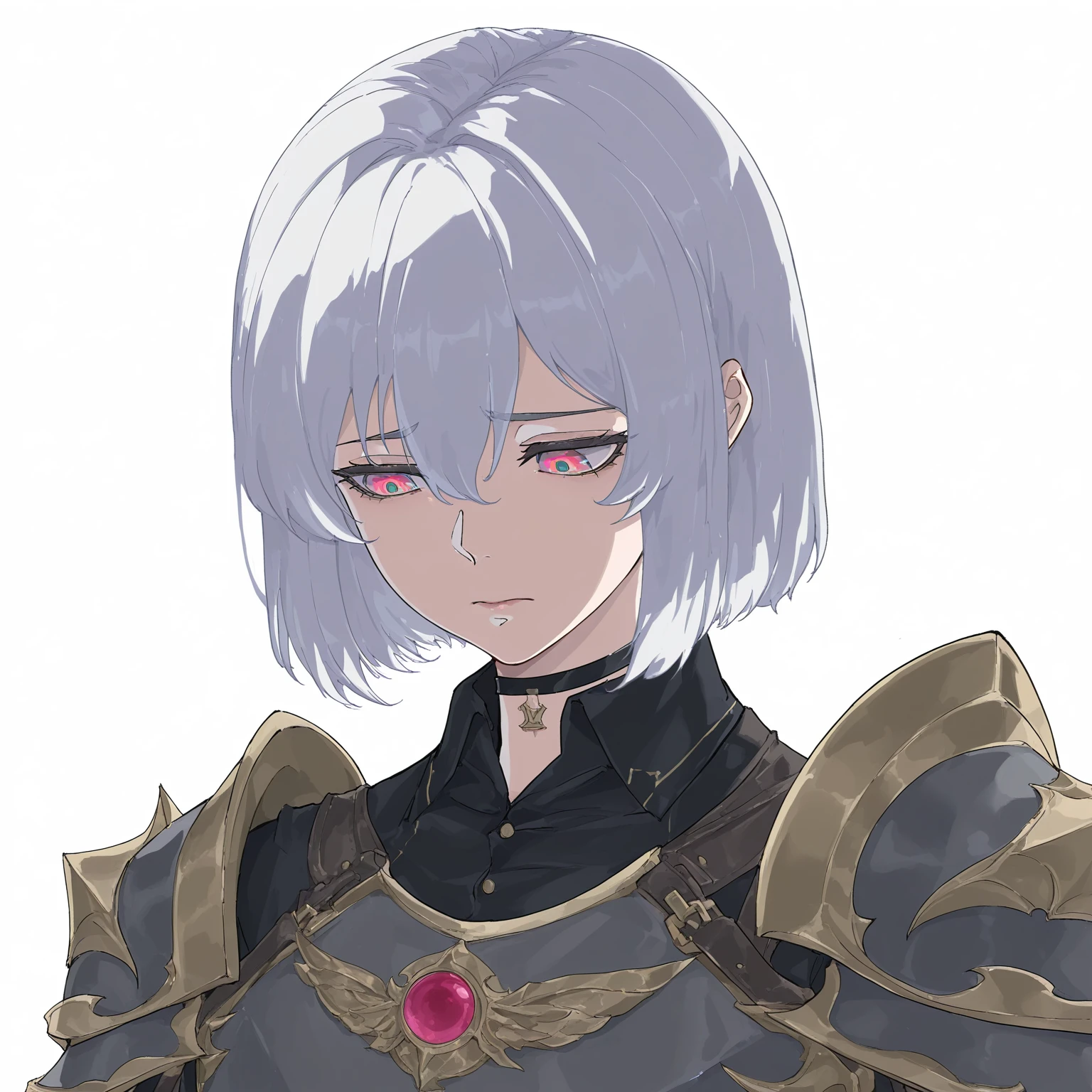 sabportrait, 1boy, solo, white background, simple background, hair between eyes, white hair, short hair, portrait, closed mouth, shoulder armor, armor, black shirt, black choker, red eyes, medium hair, grey hair, choker, pink eyes, close-up, pauldrons, shirt, looking down, upper body, looking to the side, bob cut, sad, multicolored eyes
<lora:sab:0.8>, masterpiece, best quality, highres, absurdres