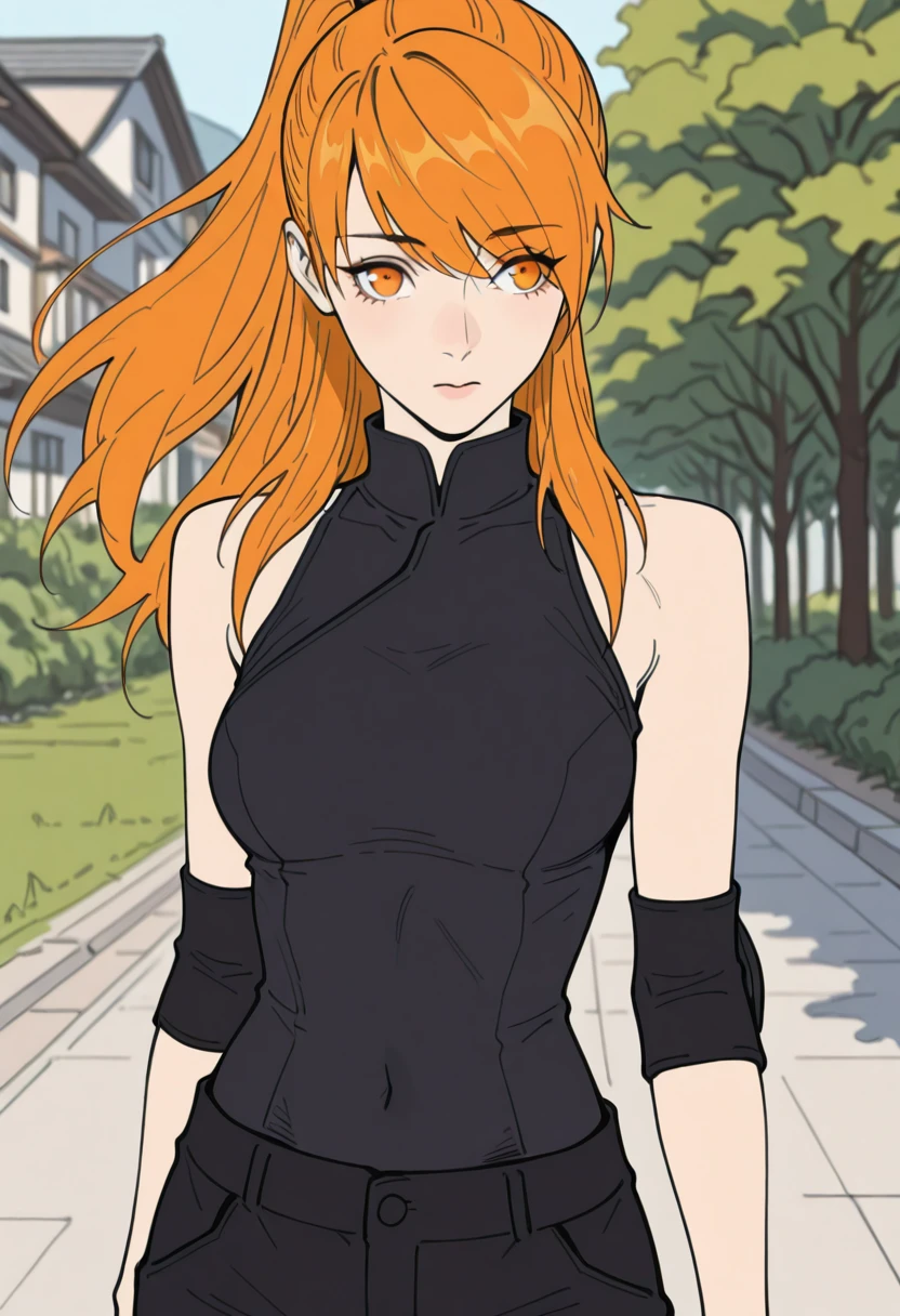 HDR, masterpiece, best quality, very aesthetic, (realistic:1.1), (flat color:1.5), xiaoninger, 1girl, solo, orange eyes, long hair, orange hair, high ponytail, sidekicks, swept bangs, eyes visible through eyes,
black shirt, sleeveless, turtleneck, bare shoulders, elbow pads, black pants, covered navel, medium breasts, 
close up, pov, looking at the viewer, looking away, outdoors, detailed background, dynamic angle,