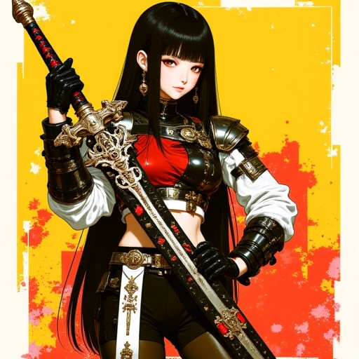 Stylized anime Illustration of bilibin showing a young woman with a fair complexion and surreally long flowing black hair, standing confidently before a yellow and red collage backdrop. She wears warrior attire with armor accents and holds an elaborate steampunk sword diagonally across her body from left shoulder to right hip, adorned with intricate black, red, and silver mechanical designs of gears and cogs. The handle bears a red and black pattern. Her sharp, focused expression is framed by soft lighting that casts subtle shadows, emphasizing the contours of her form, the textures of her outfit, and the detailing of the weapon.