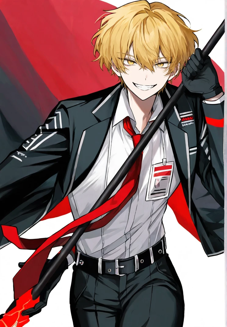 masterpiece, perfect face, beautiful face, perfect hands, beautiful hands, <lora:Sinclair_Limbus_Illustrious_V3:1>, SinclairLimbus, SinclairSinner, solo, looking at viewer, smile, short hair, blonde hair, simple background, shirt, gloves, long sleeves, 1boy, white background, holding, hair between eyes, jacket, yellow eyes, white shirt, weapon, male focus, necktie, teeth, black gloves, collared shirt, belt, pants, holding weapon, grin, coat, black pants, red necktie