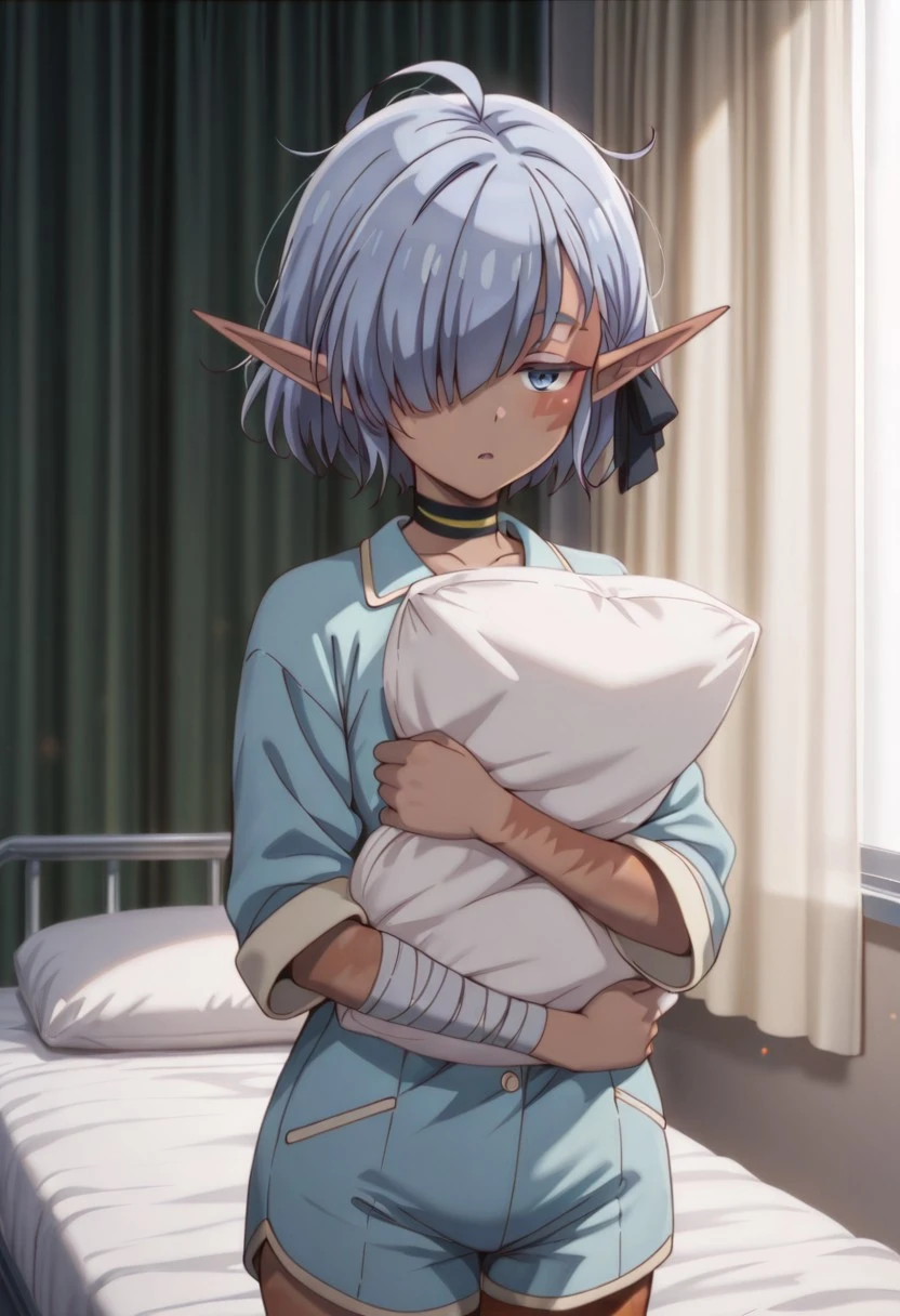 masterpiece, best quality, amazing quality, dynamic view,  solo, dynamic view,  solo, 1girl, masterpiece, best quality, bokeh, luminescent background, 
(cariaerful,,
 dark elf, dark-skinned female, short hair,  blue hair, hair over one eye, blue eyes, pointy ears, bandaged arm, black choker, burn on face, burn on side, burnt arm, burnt leg, flat chest,,
) 
pajamas, infirmary, indoors, curtains, pillow, holding pillow, pillow hug, facial tattoo, morning hair, sleepy, ahoge, messy hair, hospital bed, lying, sleeping