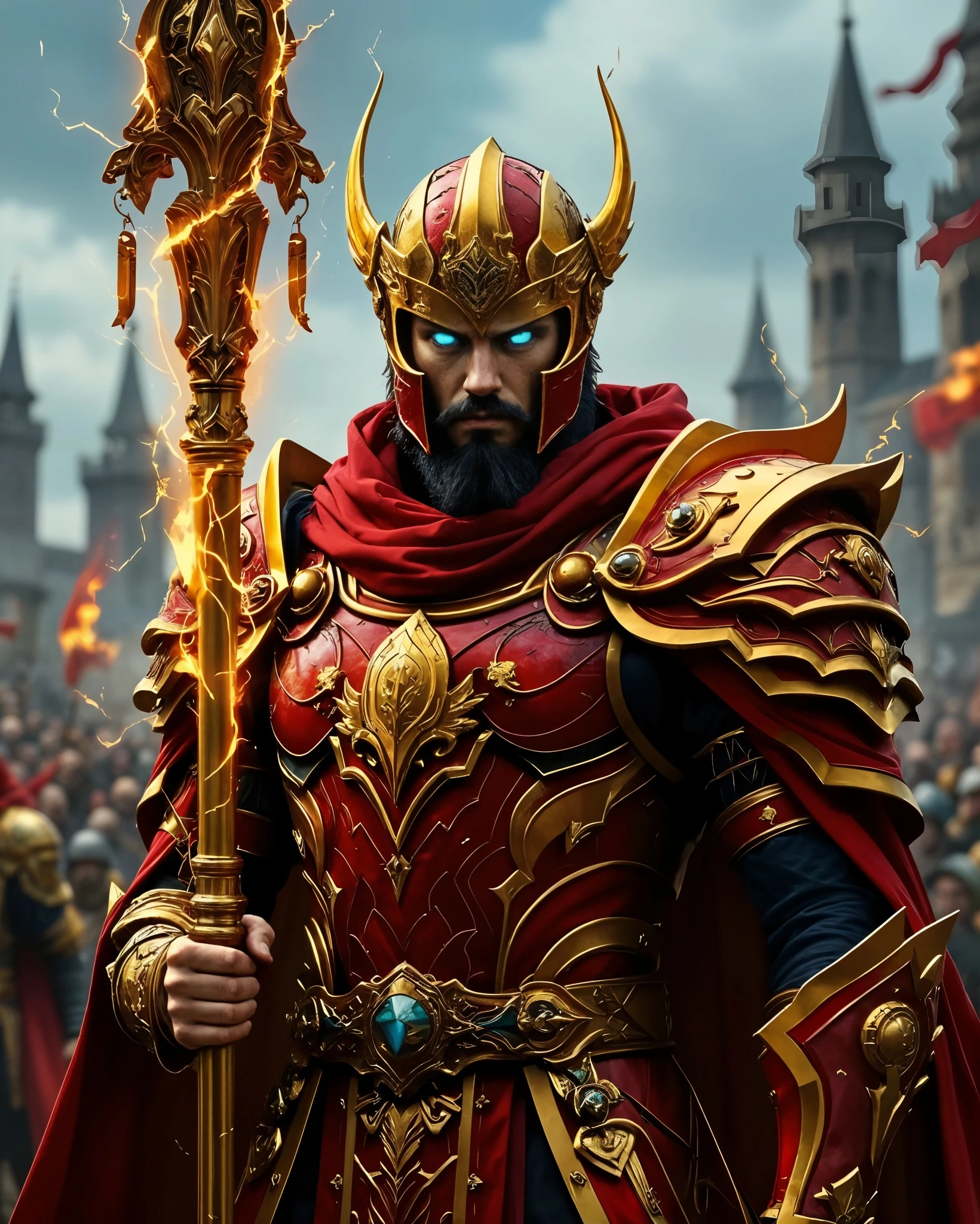 A powerful figure dressed in ornate red and gold armor stands confidently, clutching a staff that crackles with energy. The character sports a regal helmet adorned with horns, and glowing blue eyes, exuding a commanding presence. Behind him, a crowd of soldiers in armor cheers, with medieval castles dotting the background under a dramatic sky. The scene conveys a sense of grandeur and authority, characteristic of a warrior or ruler ready for battle.