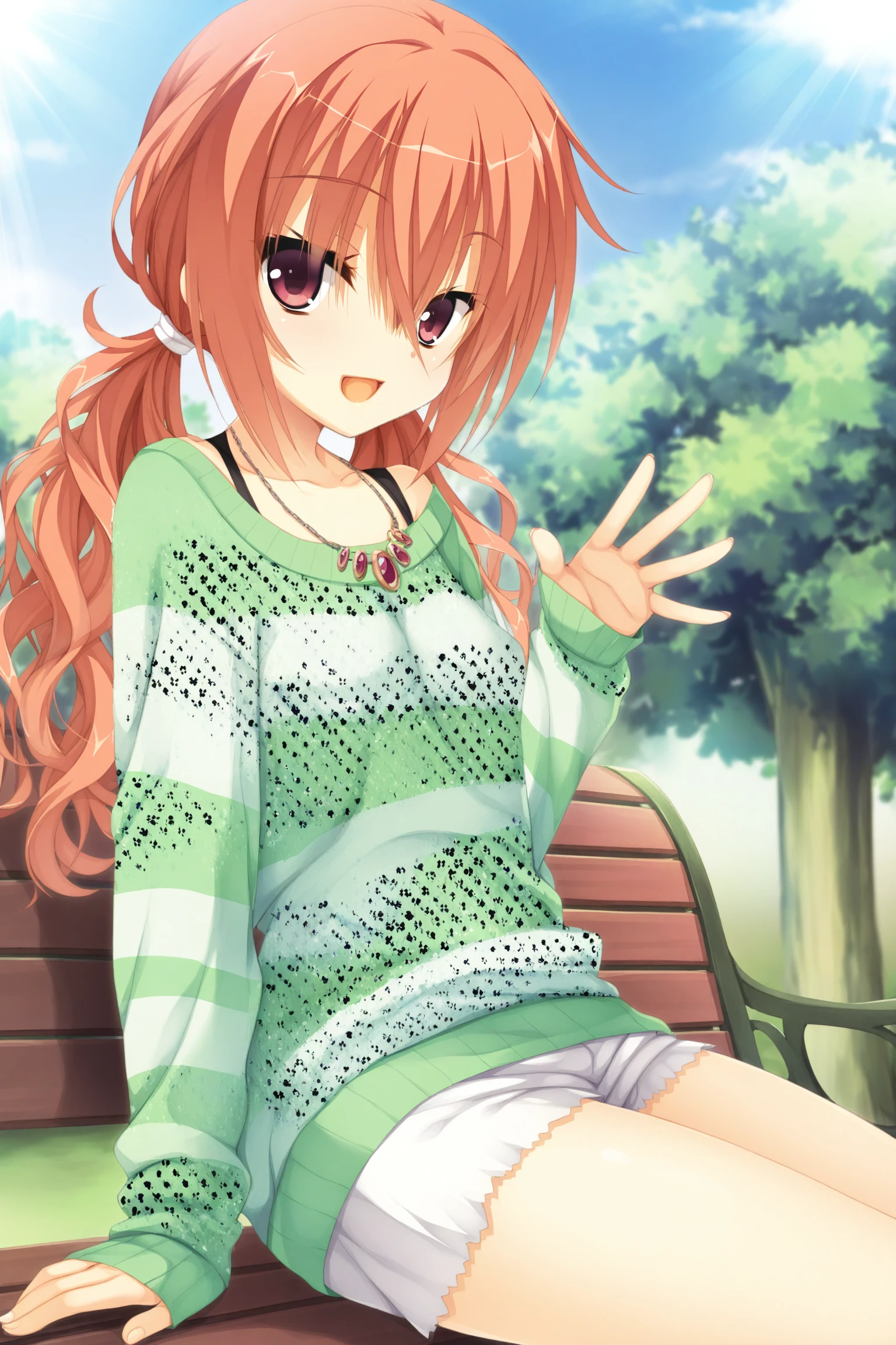 masterpiece,best quality,amazing quality,game cg,, inaba meguru,meguru_daily,
long hair,orange hair,red eyes,
low twintails, jewel necklace,polka dot, white shorts,striped sweater,
off shoulder,, sitting, relaxed pose, park bench, green trees, blue sky, soft sunlight, light breeze,smile,open mouth,looking at viewer,waving,, 1girl,solo,
nsfw,