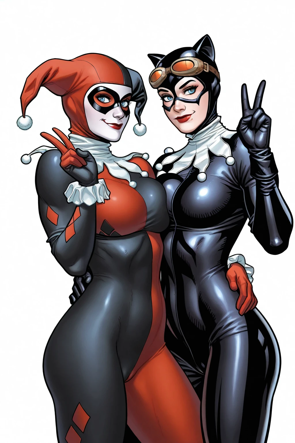 Frank Cho Art style, Frank Cho Artstyle, masterpiece, amazing quality, best quality, ultra-detailed, 2girls, looking at viewer, blue eyes, large breasts, closed mouth, bodysuit, multicolored clothes, pom pom (clothes), harley quinn, harley quinn jester outfit, jester outfit, classic outfit, cowboy shot, (domino mask), mask, jester, standing, upper body, cleft of venus, impossible bodysuit, cat ears, fake animal ears, latex bodysuit, western comics (style), cat mask, catwoman, goggles on head, side-by-side, breast press, hand around waist, seductive smile, (v), looking at viewer, white background, (portrait, close up), face focus