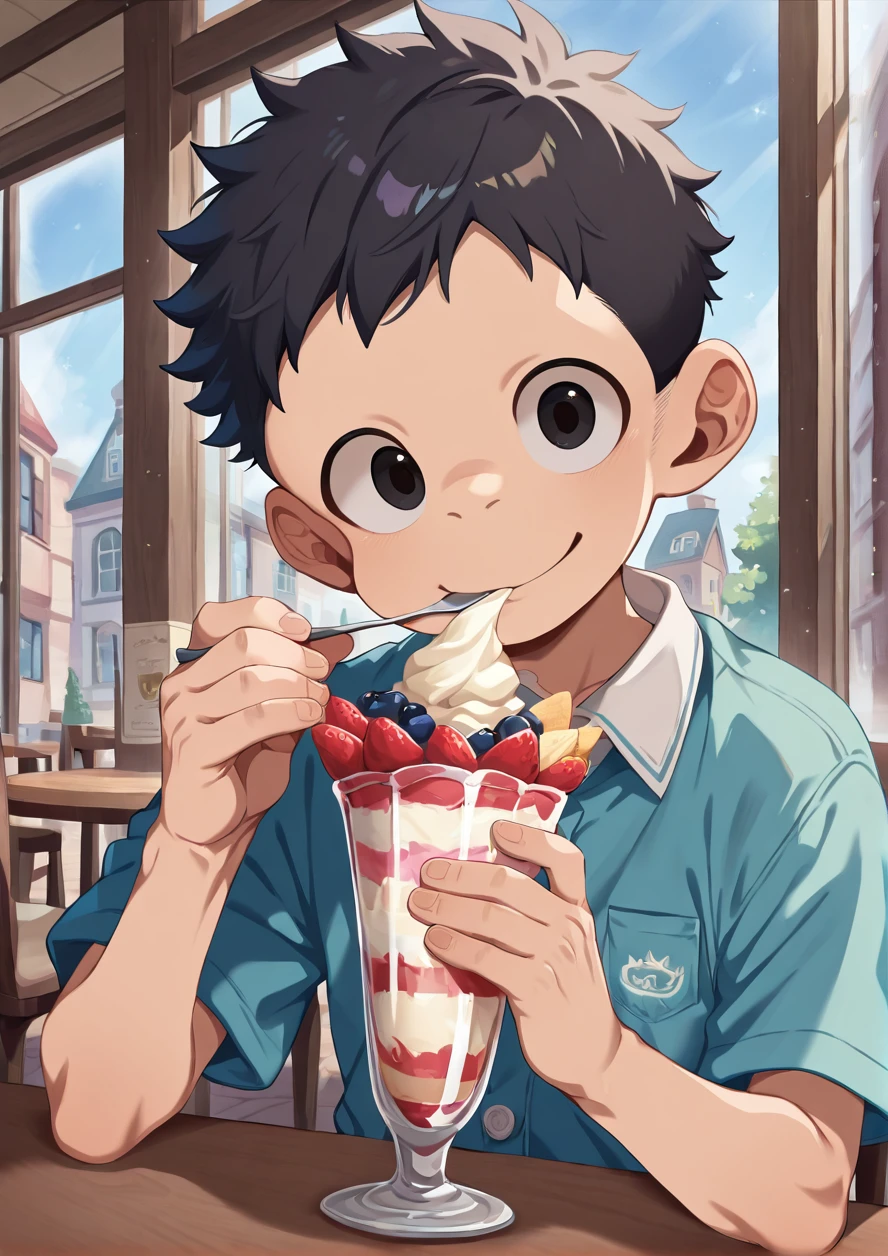masterpiece,best quality,good quality,1boy,solo,black hair,eating,parfait,sitting,table,smile,upper body,looking at viewer,indoors,cafe,window,street,<lora:ããããwaryusya_IL7_64:1> <hypernet:ããããwaryusya-20000:1>