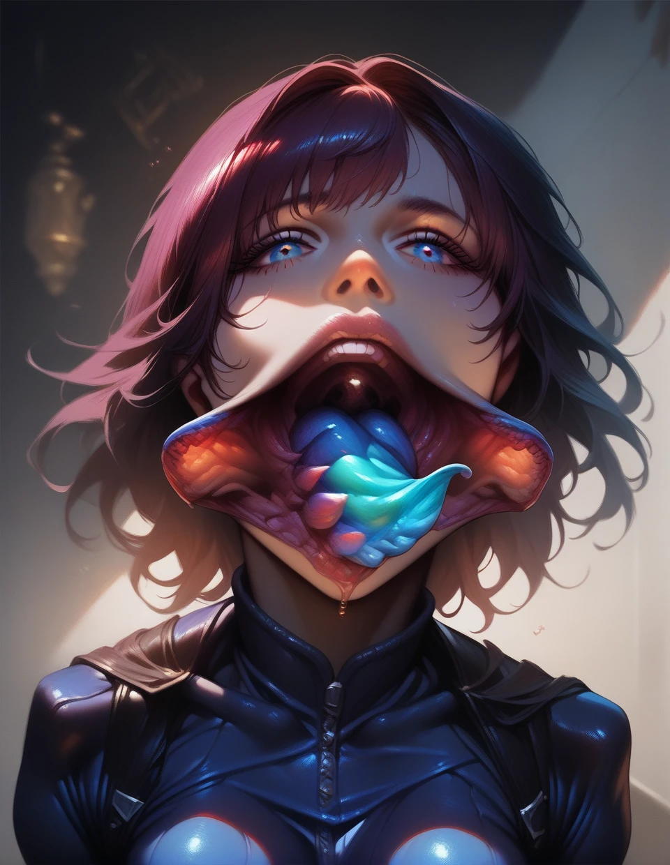 score_9, score_8_up, score_7_up, (1girl), (masterpiece, best quality, detailed), very aesthetic, medium breasts,(parasitic mouth),blue parasitic tongue,split jaw, Expressiveh,<lora:Expressive_H:0.3>, <lora:parasitic_mouth_V4:0.8>, <lora:add-detail-xl:2>, <lora:quality_modifiers_masterpieces_v1:0.3>, face focus, upper body, realistic, looking at viewer, <lora:RealSkin_xxXL_v1:2>,<lora:Pony Realism Slider:2>, <lora:43stl1ght1ngXLP2:0.3>, 43stl1ght1ng, low light, dramatic lighting, darkness, <lora:werm_pony_solo:0.3>, alien parasite werm crawling out of mouth, wide open mouth, blue fangs on jaw