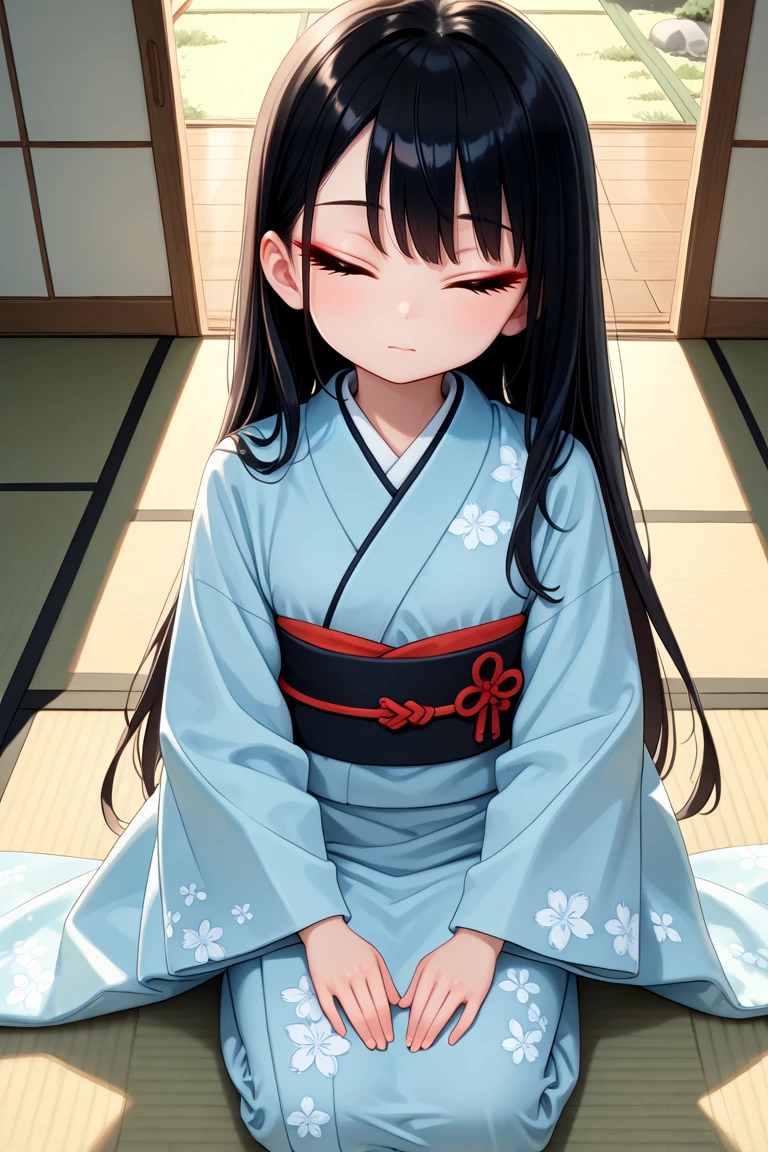 masterpiece, best quality, amazing quality, very aesthetic, absurdres,
cute round face, slender, ultra detailed eyes, ultra detailed hair, ultra beautiful,
1girl, solo,
cowboy shot, from front, from above, (closed eyes), closed mouth, looking at viewer,
japanese room, tatami, seiza, sitting, black long hair, wearing kimono
<lora:hotarueye_xl_closed3_v20:0.7>