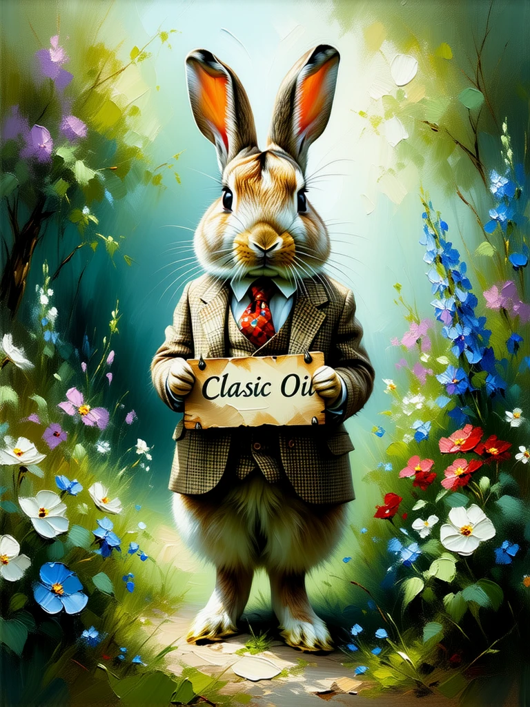 Painting on canvas. Texture. Brushstrokes.
A friendly rabbit in an English garden, wearing a tweed suit. It stands in the garden amongst the flowers.
The rabbit holds a sign: "Classic Oil"
clscoilCE_style