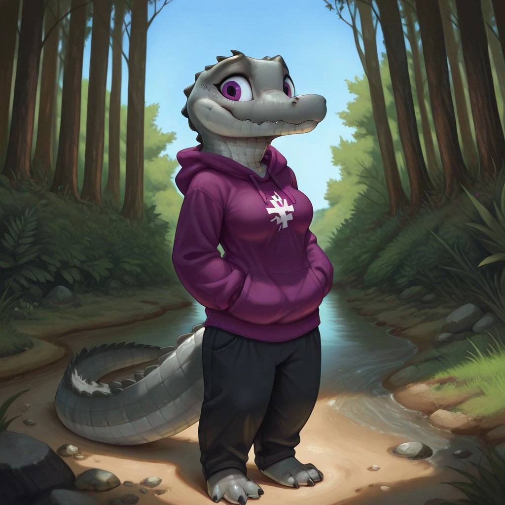 masterpiece, best quality, amazing quality, slvrfxstyleil, Crcdlnil, anthro, Crocodilian, female, grey skin, purple eyes, female, standing, outdoors, purple hoodie, hood down, black pants, medium breasts, solo
