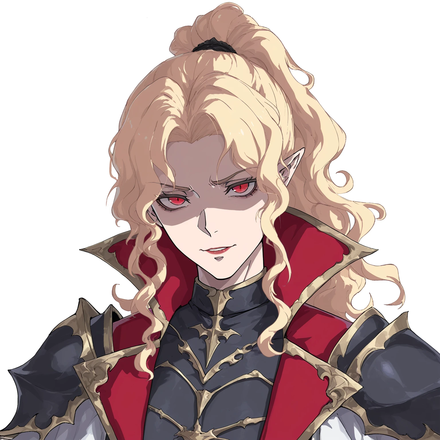 sabportrait, vampire, 1boy, solo, red eyes, blonde hair, ponytail, white background, looking at viewer, simple background, long hair, shoulder armor, armor, portrait, wavy hair, pauldrons, parted bangs, shaded face, upper body, transparent background, high ponytail, black shirt, jacket, close-up
 <lora:sab:0.8>, masterpiece, best quality, highres, absurdres