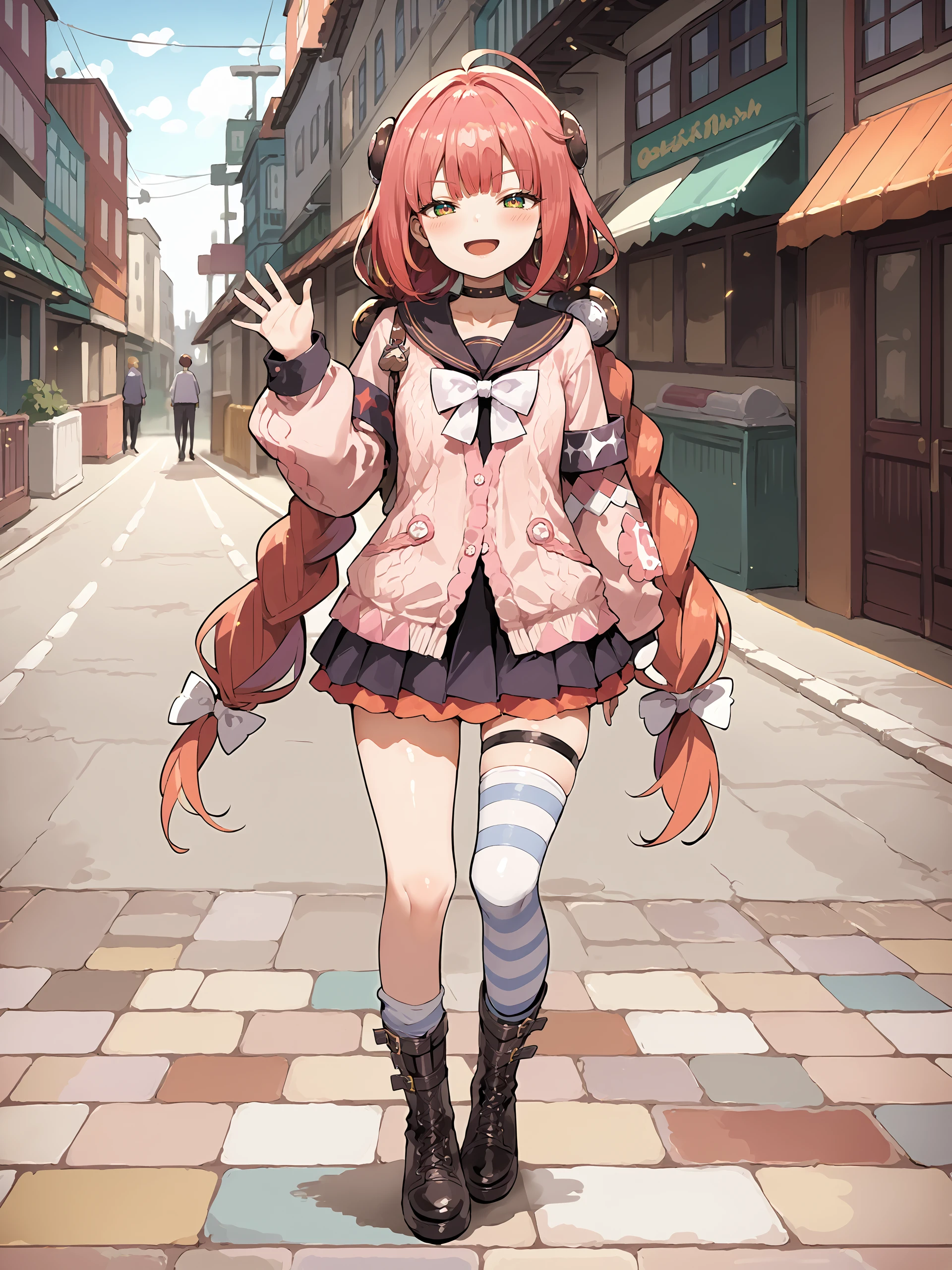 score_9, score_8_up, score_7_up, source_anime, ray tracing, best quality, <lora:Char-ZZZ-Yuzuha-V1-Pony:0.9:hr=0.6>, <lora:style-nora_higuma:0.5> <lora:style-zankuro:0.3> 1girl, ukinami yuzuha, solo, twin braids, brown hairpods, hair bobbles, black choker, black sailor collar, white bowtie, pink cardigan, armband, layered skirt, thigh strap, striped single thighhigh, striped single kneehigh, knee boots, looking at viewer, smug, open mouth, street, outdoors, depth of field, standing, contrapposto on one leg, waving, full body