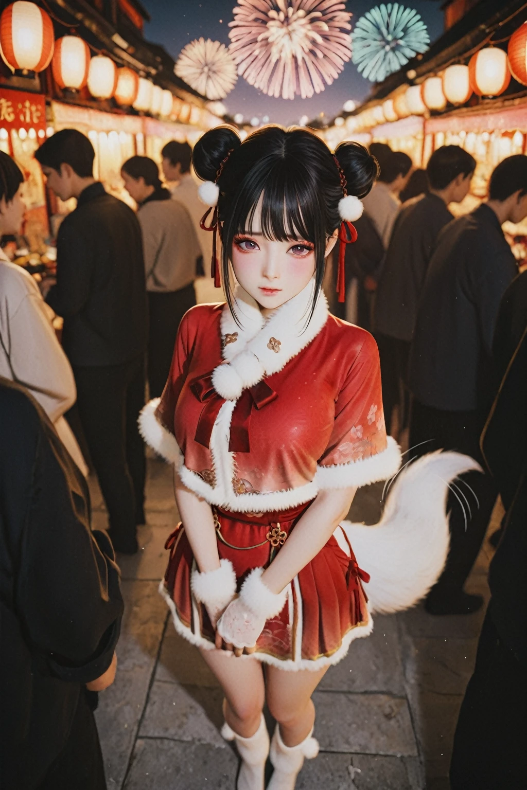 ,1girl,fur trim,full body,white footwear,no_hat,(skirt:1.3),(red skirt:1.3),bell,black hair,chinese clothes,capelet,double bun,fingerless gloves,fox tail,white tail,pom pom (clothes),purple eyes,
Chinese ancient New Year night market,red lanterns,(Hanfu crowds:1.3),crowd,vendors,firework sparks,festive couplets,standing,curvy,oval face,makeup,fundoshi,long_eyelashes,cowboy_shot,from_above,foreshortening,flustered,tail_wagging,shy,side head,
,<lora:æ°¸å«æ é´è¡æ¡æ¥æ¡ç¬SDXL:0.7>,<lora:amateur_style_v1_pony:3>, (masterpiece:1.2),best quality,masterpiece,highres,original,extremely detailed wallpaper,perfect lighting,(extremely detailed CG:1.2),
