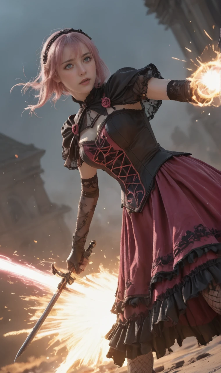 a girl and devils are fighting in movie battle scene. girl is in gothic dress and holding rapier sword, fencing. <lora:scamy_iniverse_32_2e4:0.7> scamy, bangs, crimson dress, pink hair, elbow gloves, in burning blast furnace, sunshine in mid night, energy beam attack on body, motion blur, damage effect.