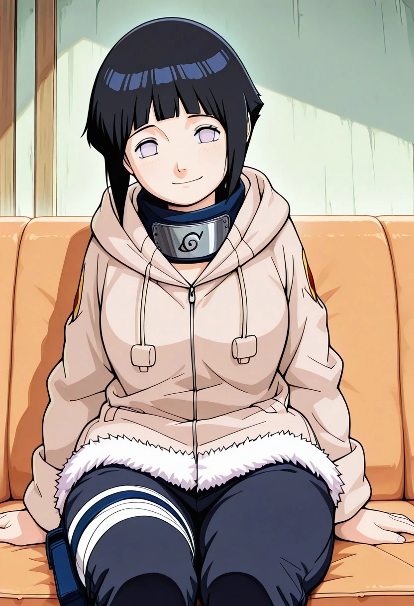 masterpiece,best quality,amazing quality, 1girl,genhinata,1girl, black hair, short hair, light violet eyes, no pupils,   cream  hoodie , hood down,flame symbol on shoulder, coat, forehead protector on neck, fur trim on neck, konohagakure symbol, long sleeves, dark blue pant,  bandages on left leg,  hoster on left leg,blue footwear, sandals, capri pants, breast, smile, looking at viewer, solo, sitting on coach, living room, smile, indoor, cozy